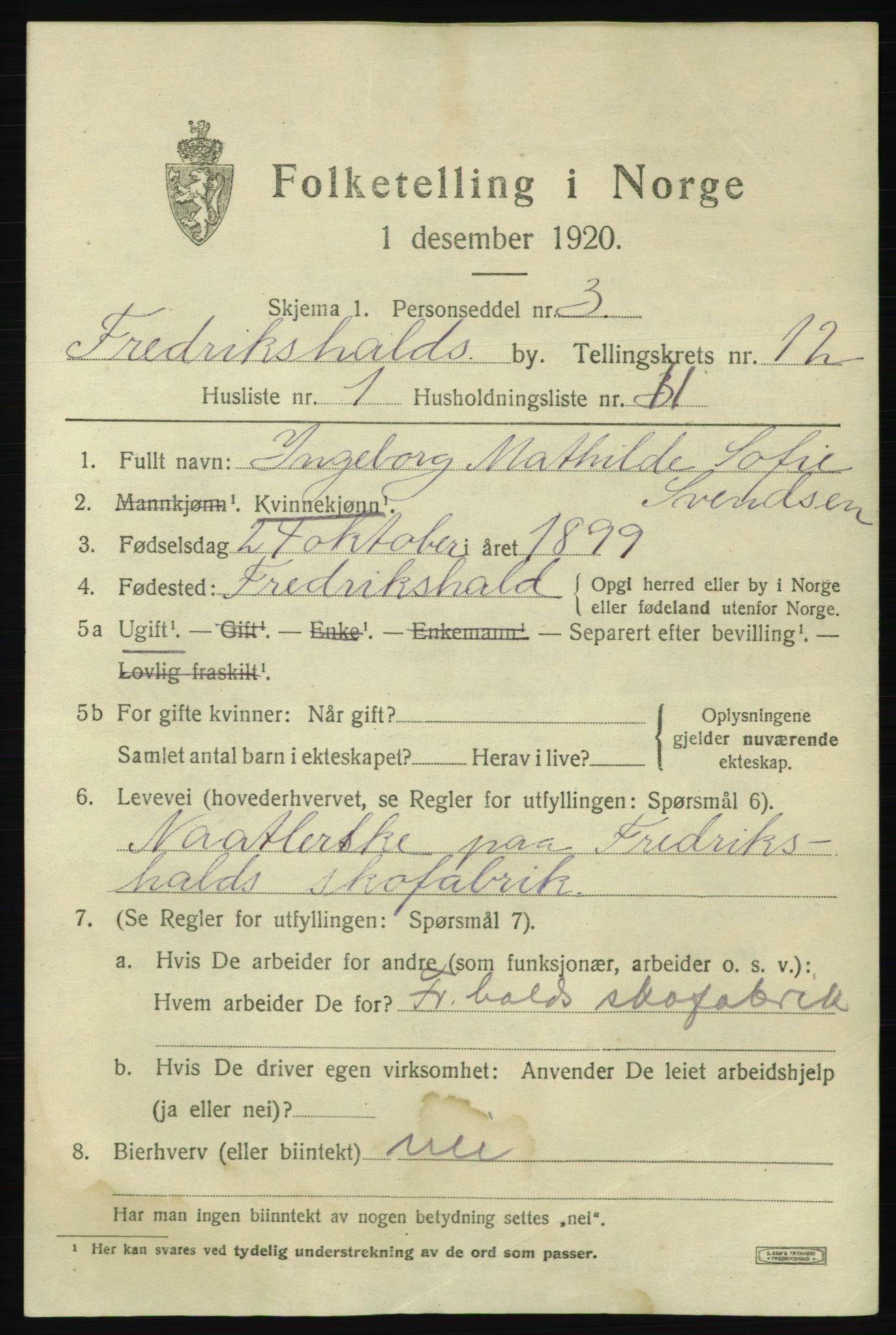 SAO, 1920 census for Fredrikshald, 1920, p. 19819