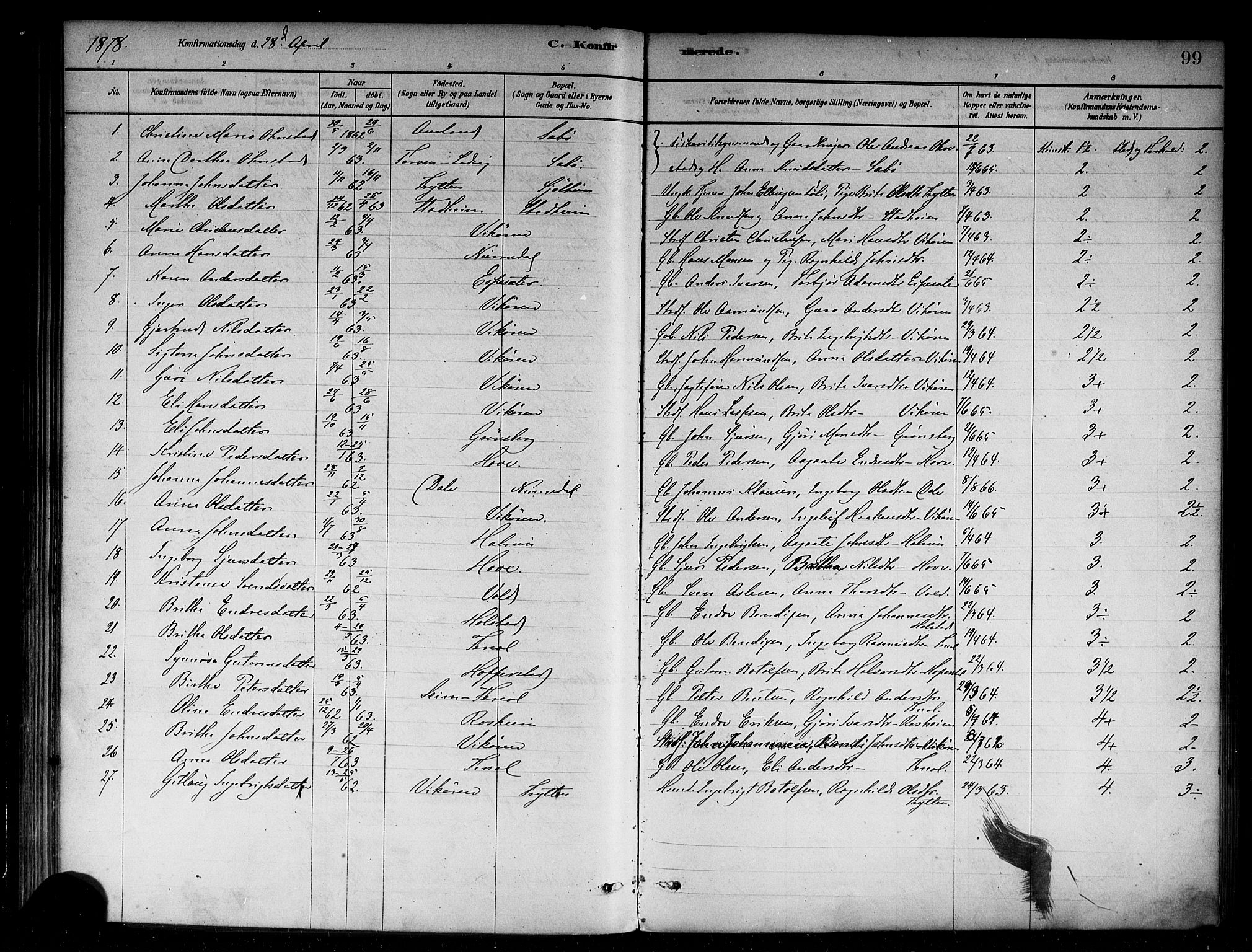 Vik sokneprestembete, AV/SAB-A-81501/H/Haa/Haab/L0001: Parish register (official) no. B 1, 1878-1890, p. 99