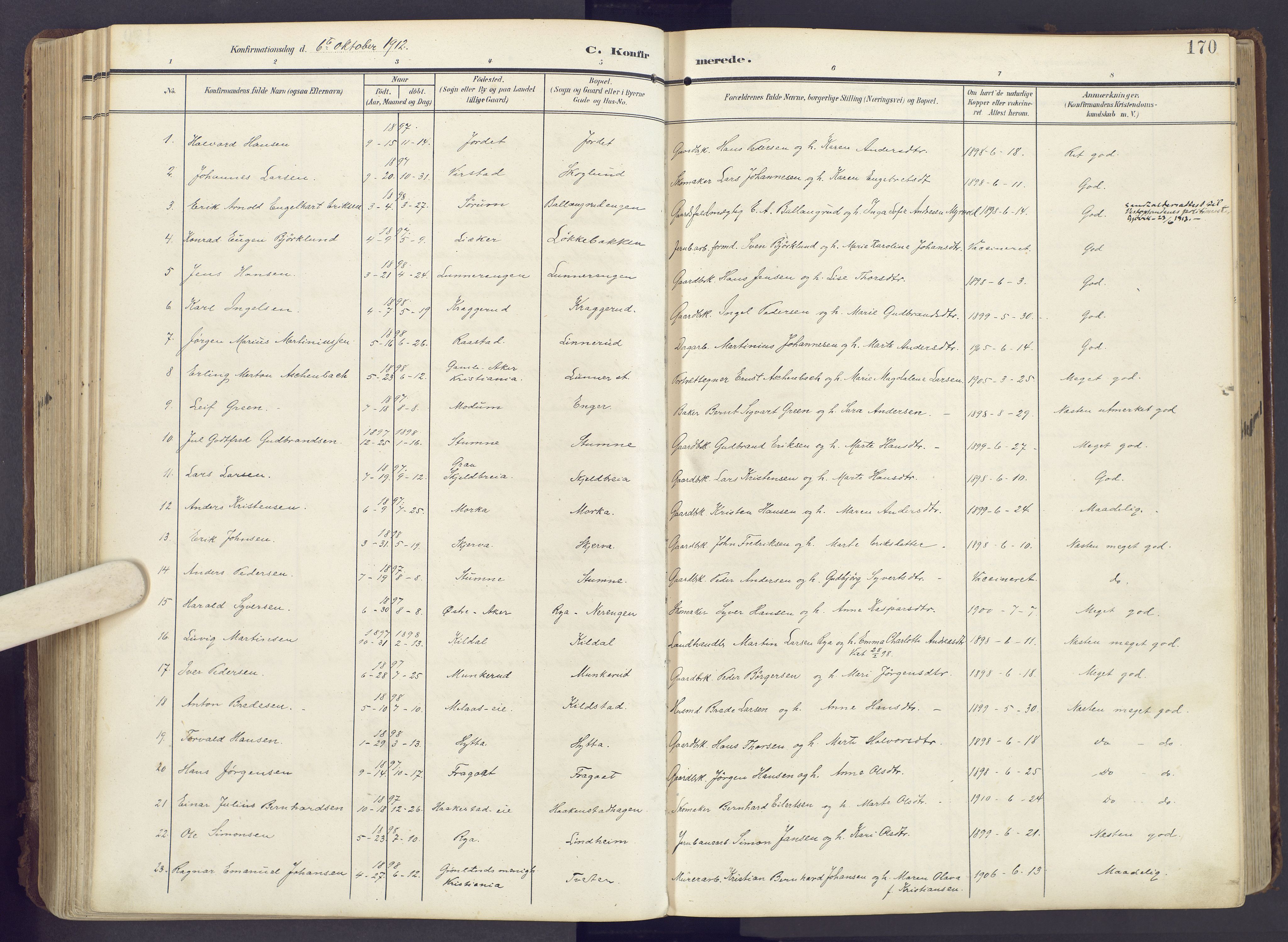 Lunner prestekontor, SAH/PREST-118/H/Ha/Haa/L0001: Parish register (official) no. 1, 1907-1922, p. 170