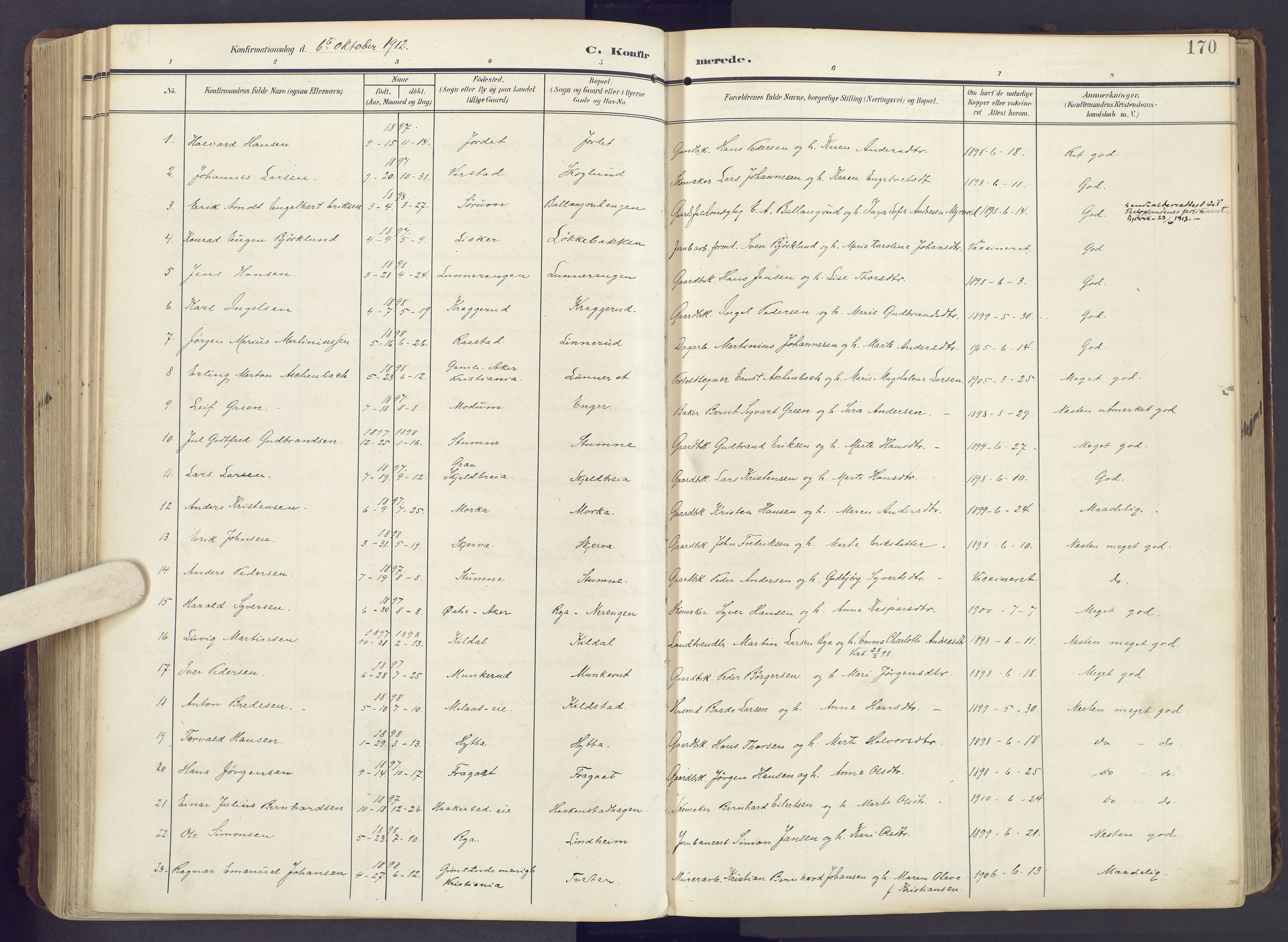 Lunner prestekontor, AV/SAH-PREST-118/H/Ha/Haa/L0001: Parish register (official) no. 1, 1907-1922, p. 170