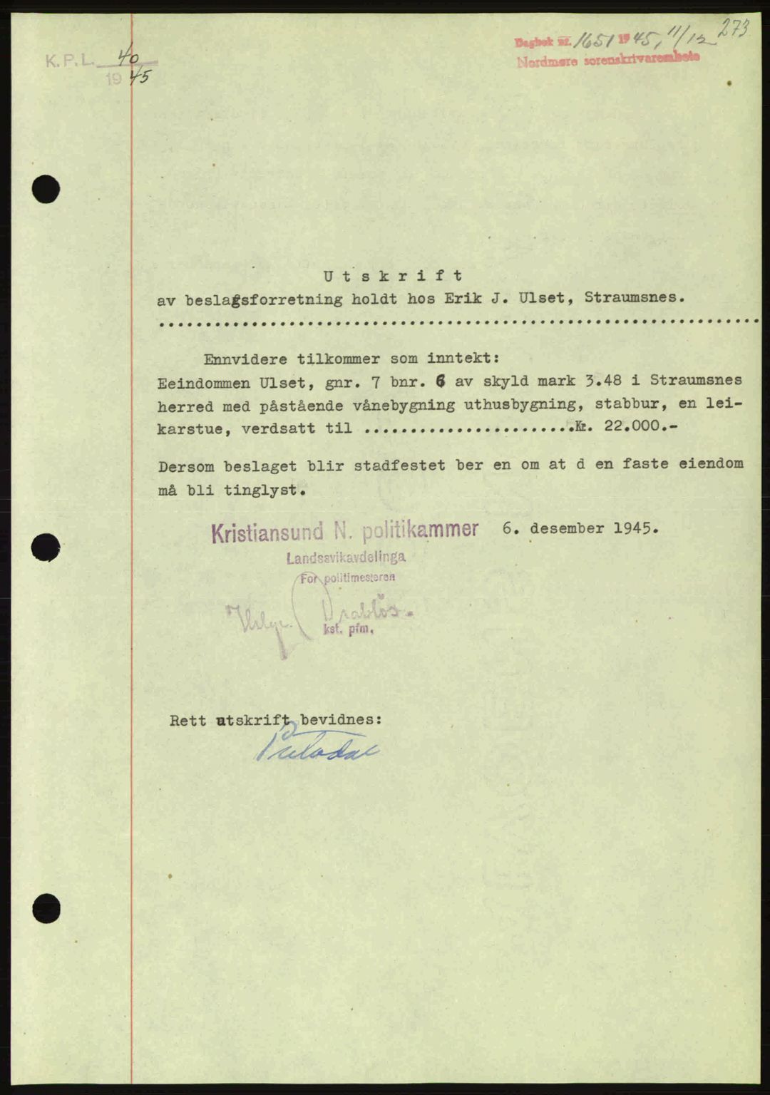 Nordmøre sorenskriveri, AV/SAT-A-4132/1/2/2Ca: Mortgage book no. B93a, 1945-1945, Diary no: : 1651/1945