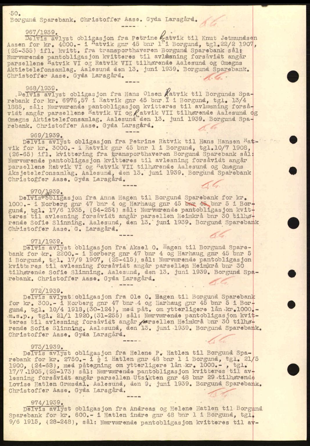 Nordre Sunnmøre sorenskriveri, SAT/A-0006/1/2/2C/2Ca: Mortgage book no. B1-6, 1938-1942, Diary no: : 967/1939