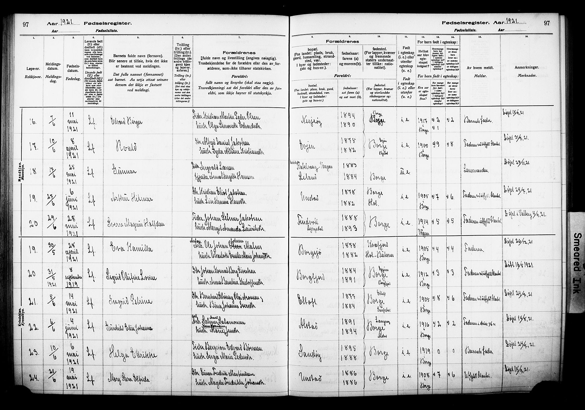 Ministerialprotokoller, klokkerbøker og fødselsregistre - Nordland, AV/SAT-A-1459/880/L1145: Birth register no. 880.II.4.1, 1916-1929, p. 97