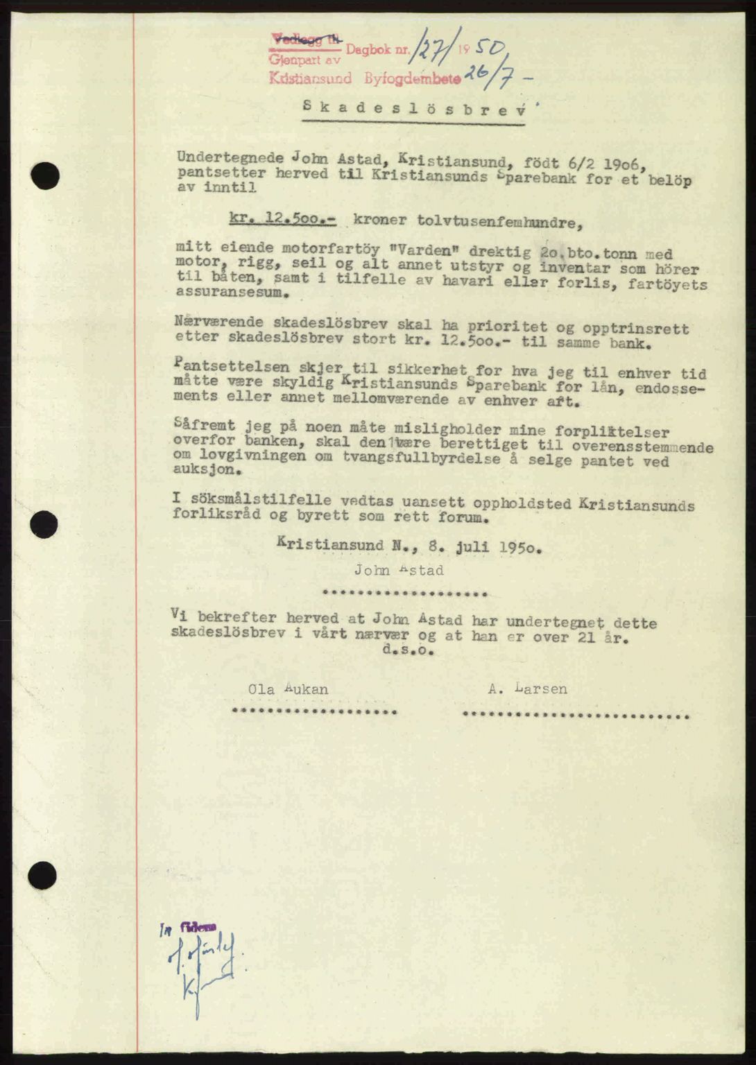 Kristiansund byfogd, AV/SAT-A-4587/A/27: Mortgage book no. 50, 1950-1950, Diary no: : 1271/1950