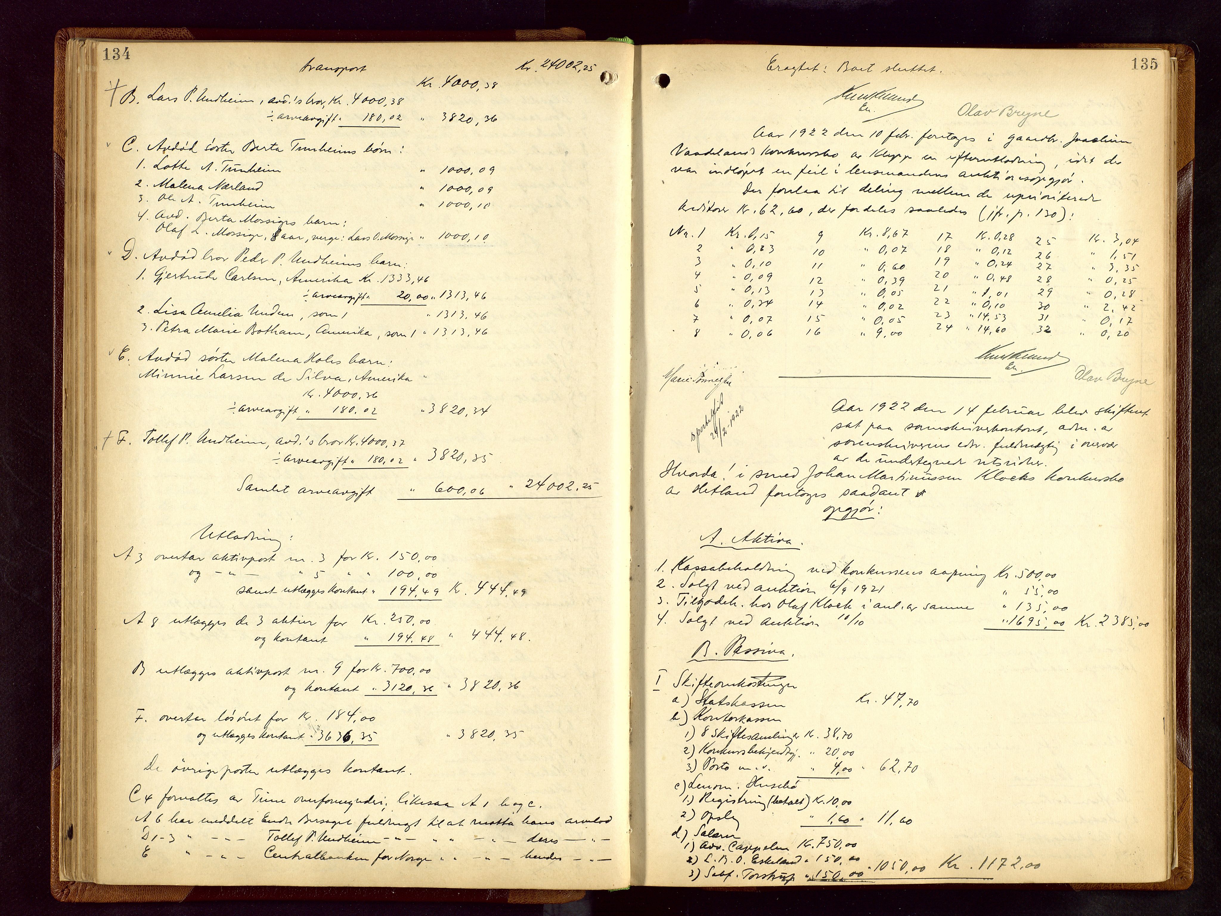 Jæren sorenskriveri, AV/SAST-A-100310/01/5/50/50BB/L0009: SKIFTEUTLODNINGSPROTOKOLL, 1920-1927, p. 134-135