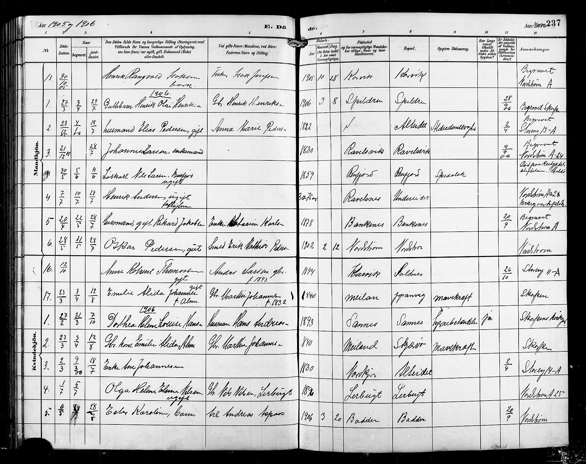 Skjervøy sokneprestkontor, AV/SATØ-S-1300/H/Ha/Hab/L0016klokker: Parish register (copy) no. 16, 1891-1907, p. 237