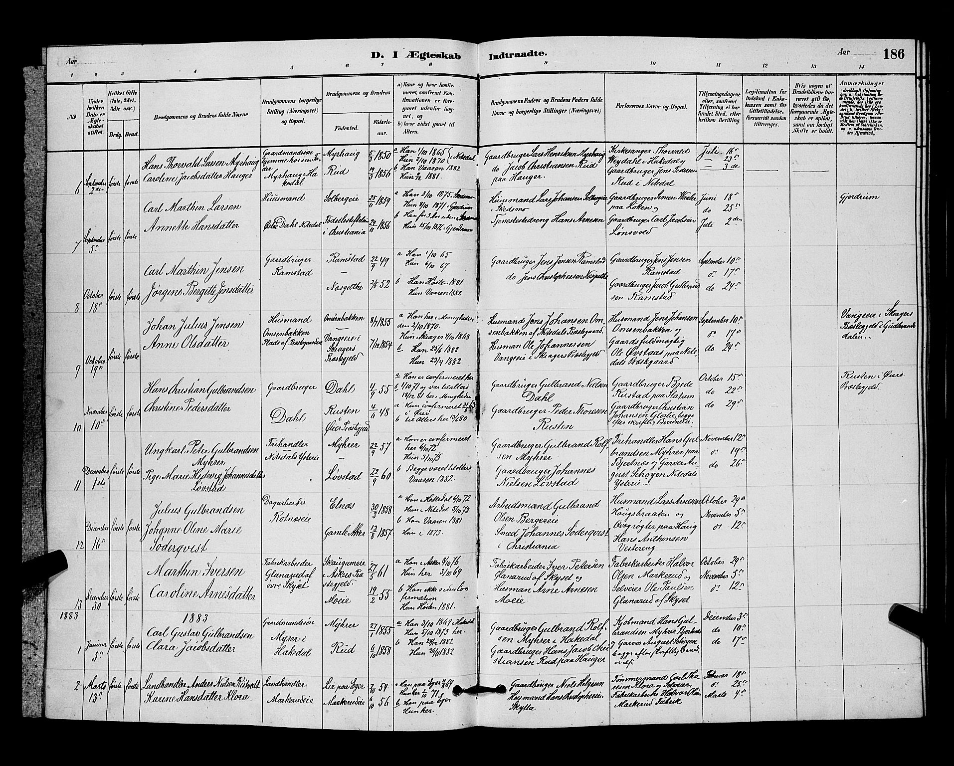 Nittedal prestekontor Kirkebøker, AV/SAO-A-10365a/G/Ga/L0002: Parish register (copy) no. I 2, 1879-1901, p. 186