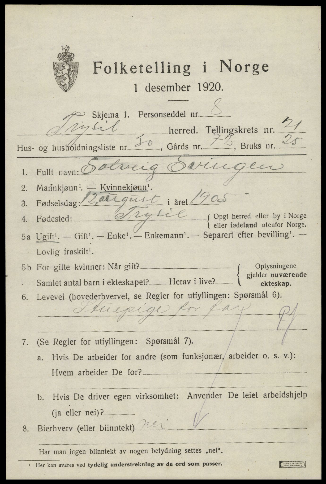 SAH, 1920 census for Trysil, 1920, p. 14133