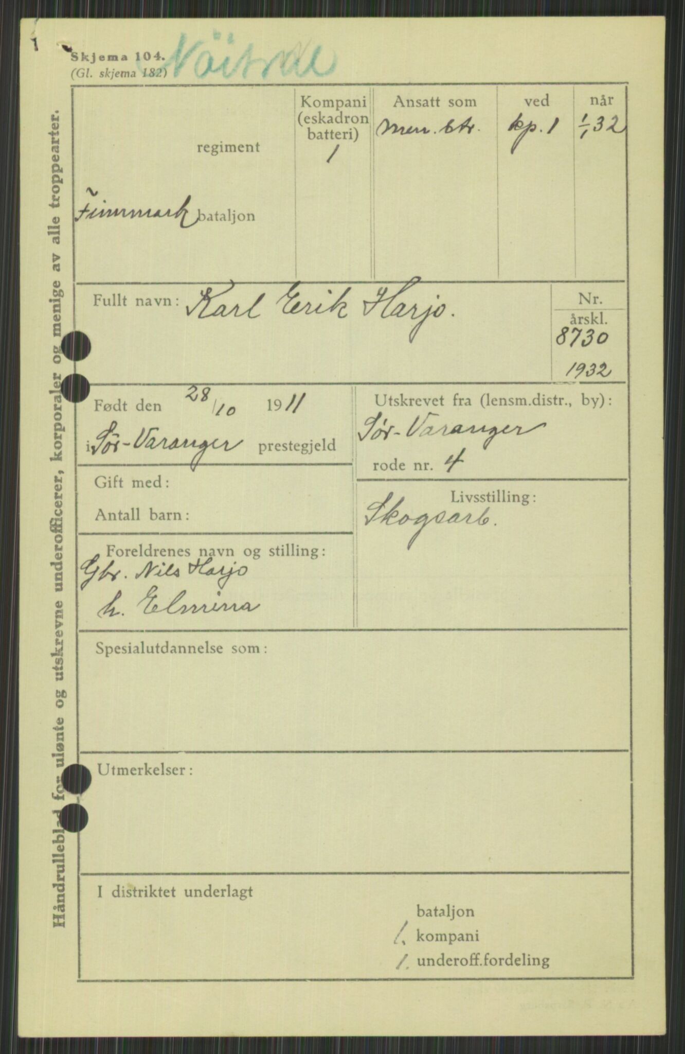 Forsvaret, Varanger bataljon, AV/RA-RAFA-2258/1/D/L0440: Rulleblad for fødte 1892-1912, 1892-1912, p. 1219