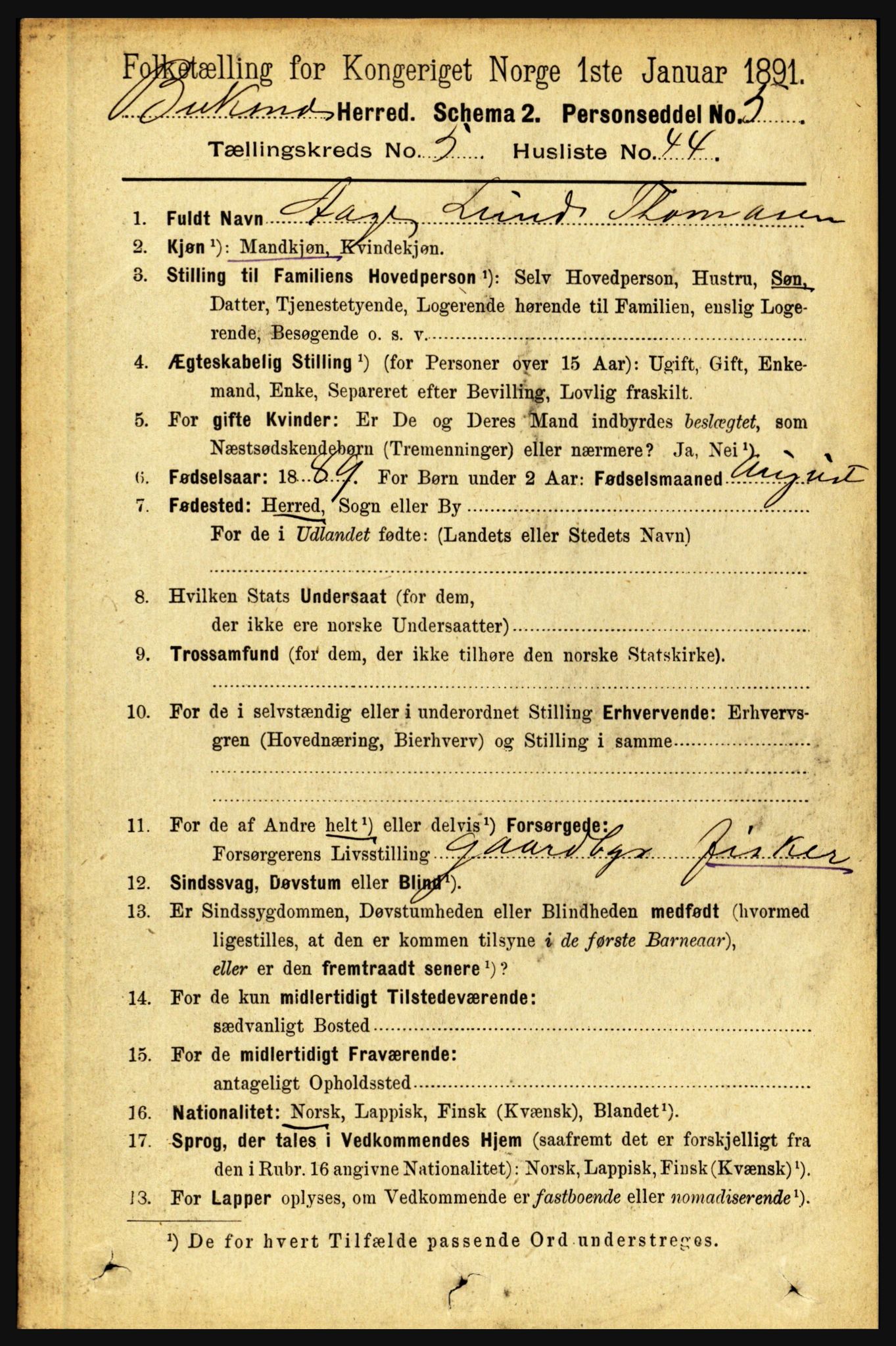 RA, 1891 census for 1860 Buksnes, 1891, p. 4145