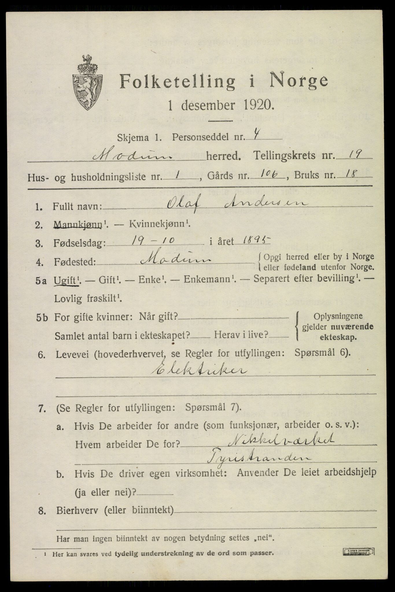 SAKO, 1920 census for Modum, 1920, p. 21693