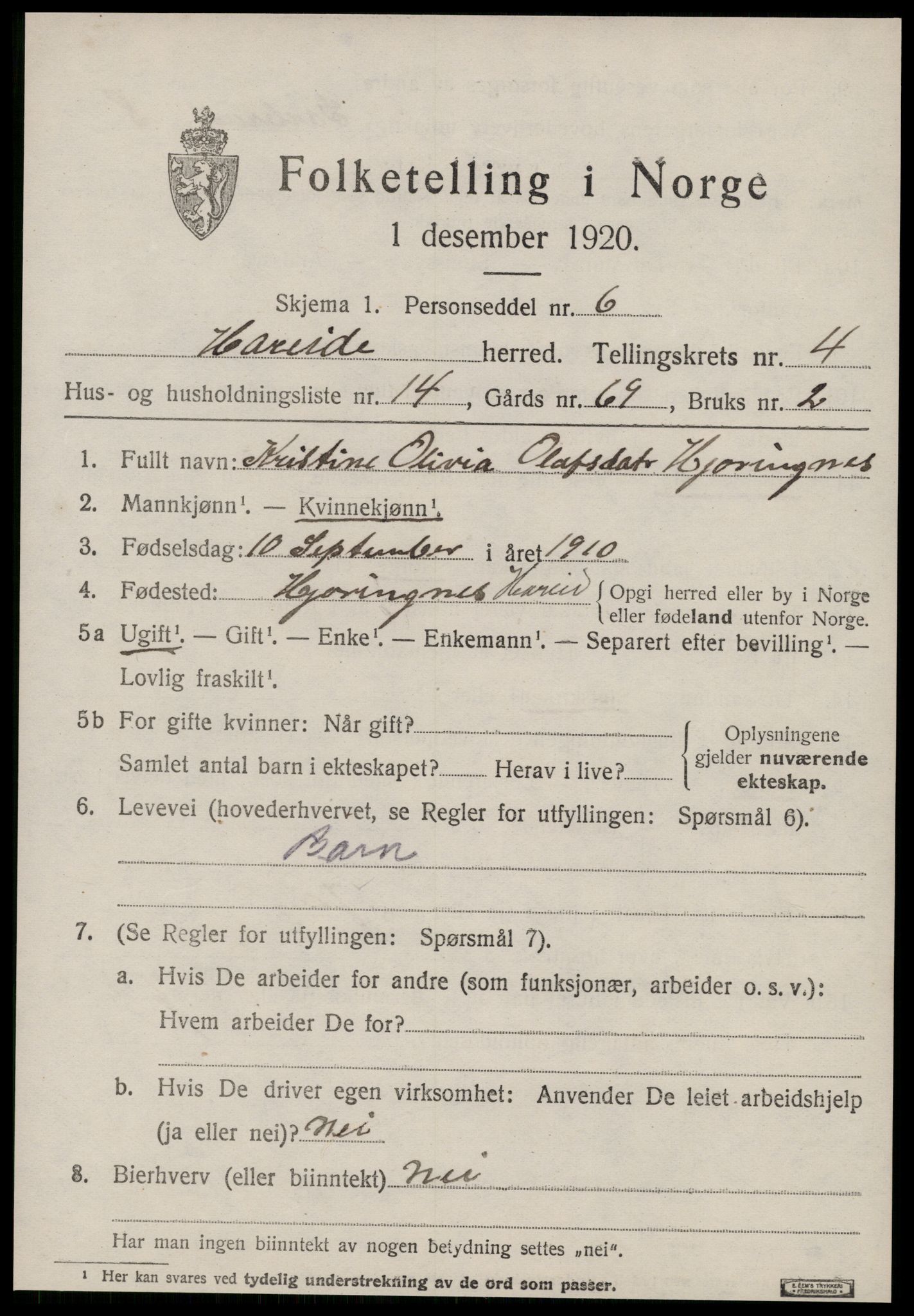 SAT, 1920 census for Hareid, 1920, p. 1861