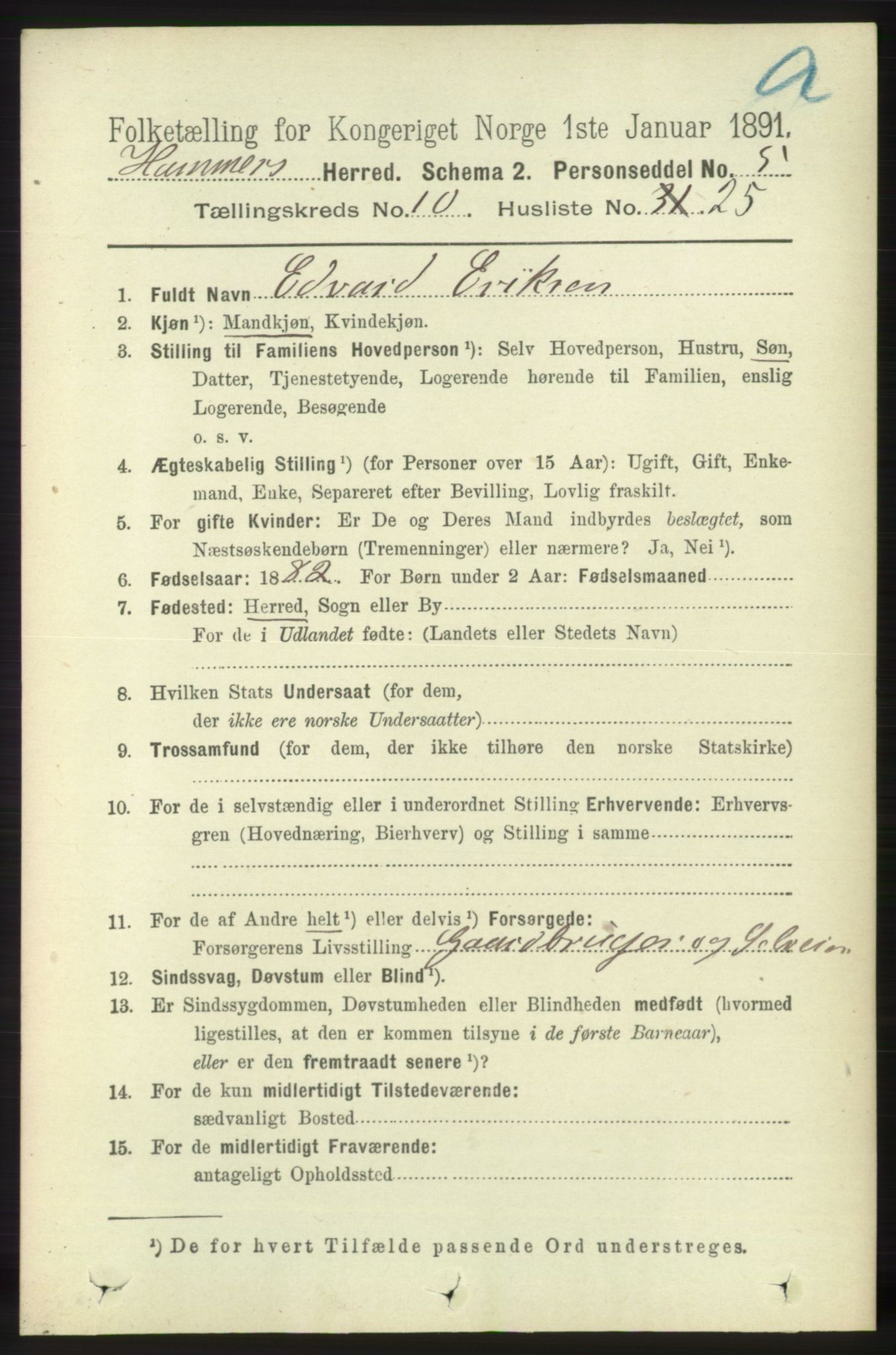RA, 1891 census for 1254 Hamre, 1891, p. 2934