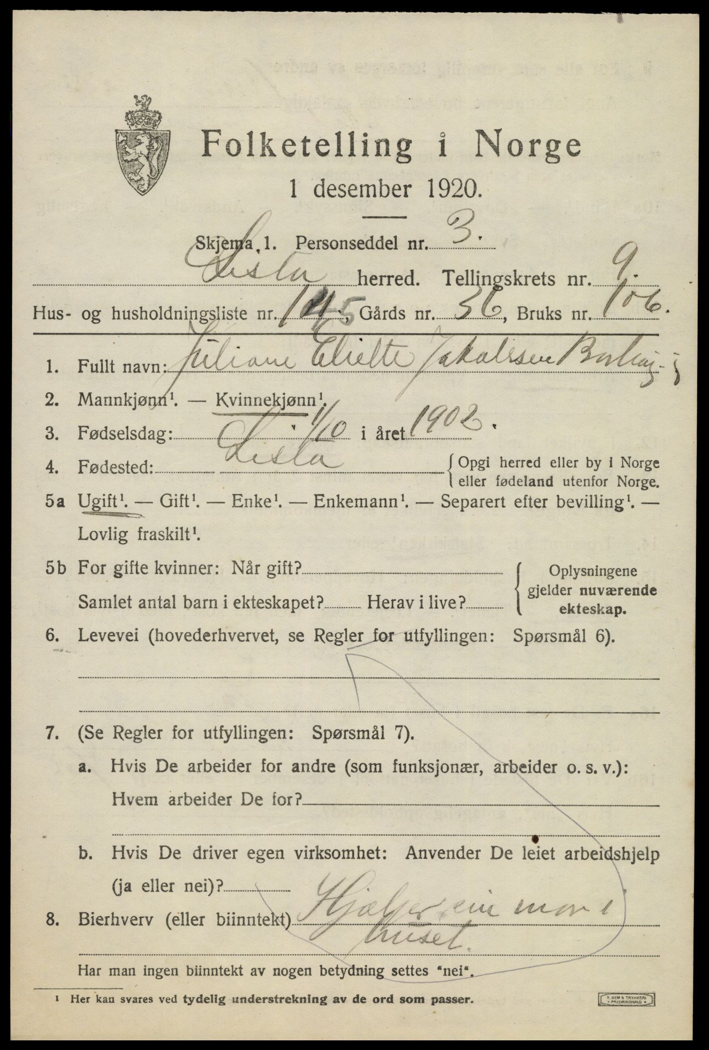 SAK, 1920 census for Lista, 1920, p. 10151