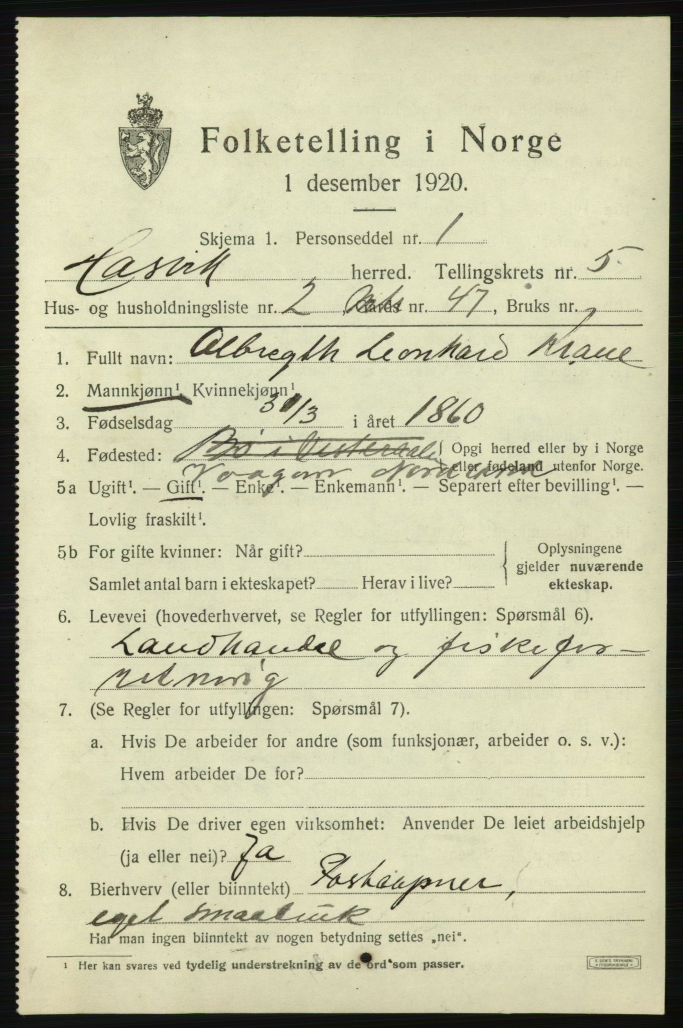 SATØ, 1920 census for Hasvik, 1920, p. 2325