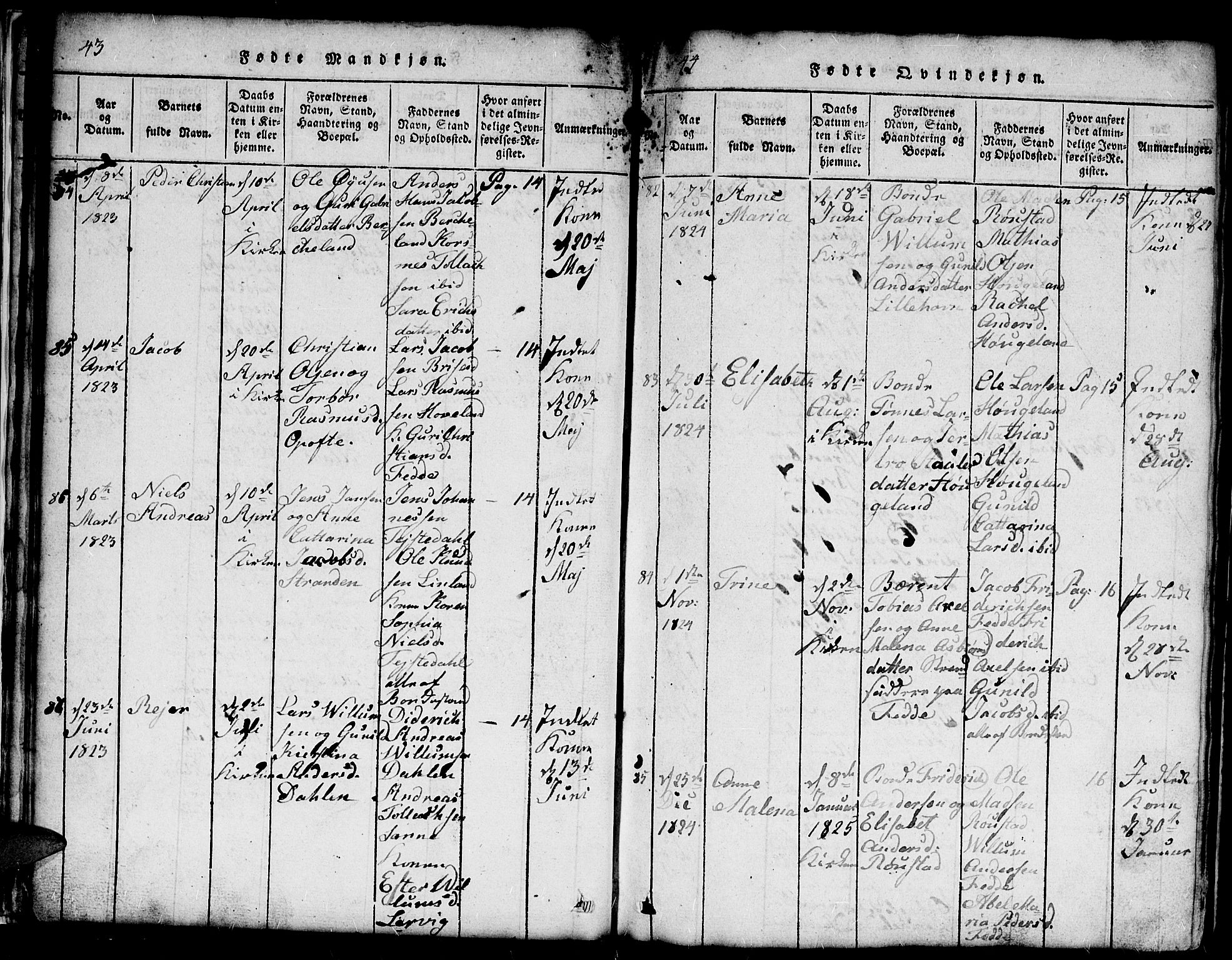 Kvinesdal sokneprestkontor, SAK/1111-0026/F/Fb/Fba/L0001: Parish register (copy) no. B 1, 1815-1839, p. 43-44