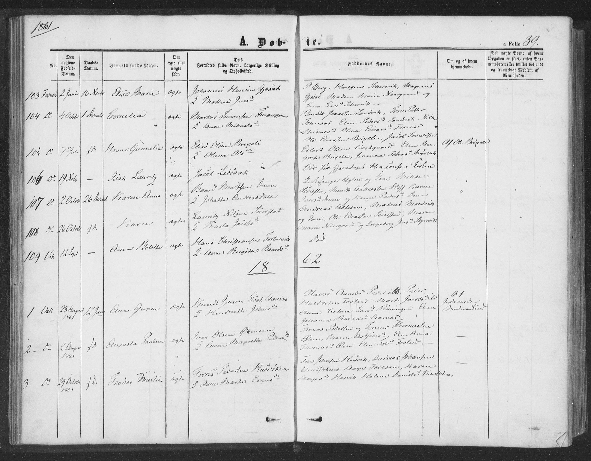 Ministerialprotokoller, klokkerbøker og fødselsregistre - Nord-Trøndelag, SAT/A-1458/773/L0615: Parish register (official) no. 773A06, 1857-1870, p. 39