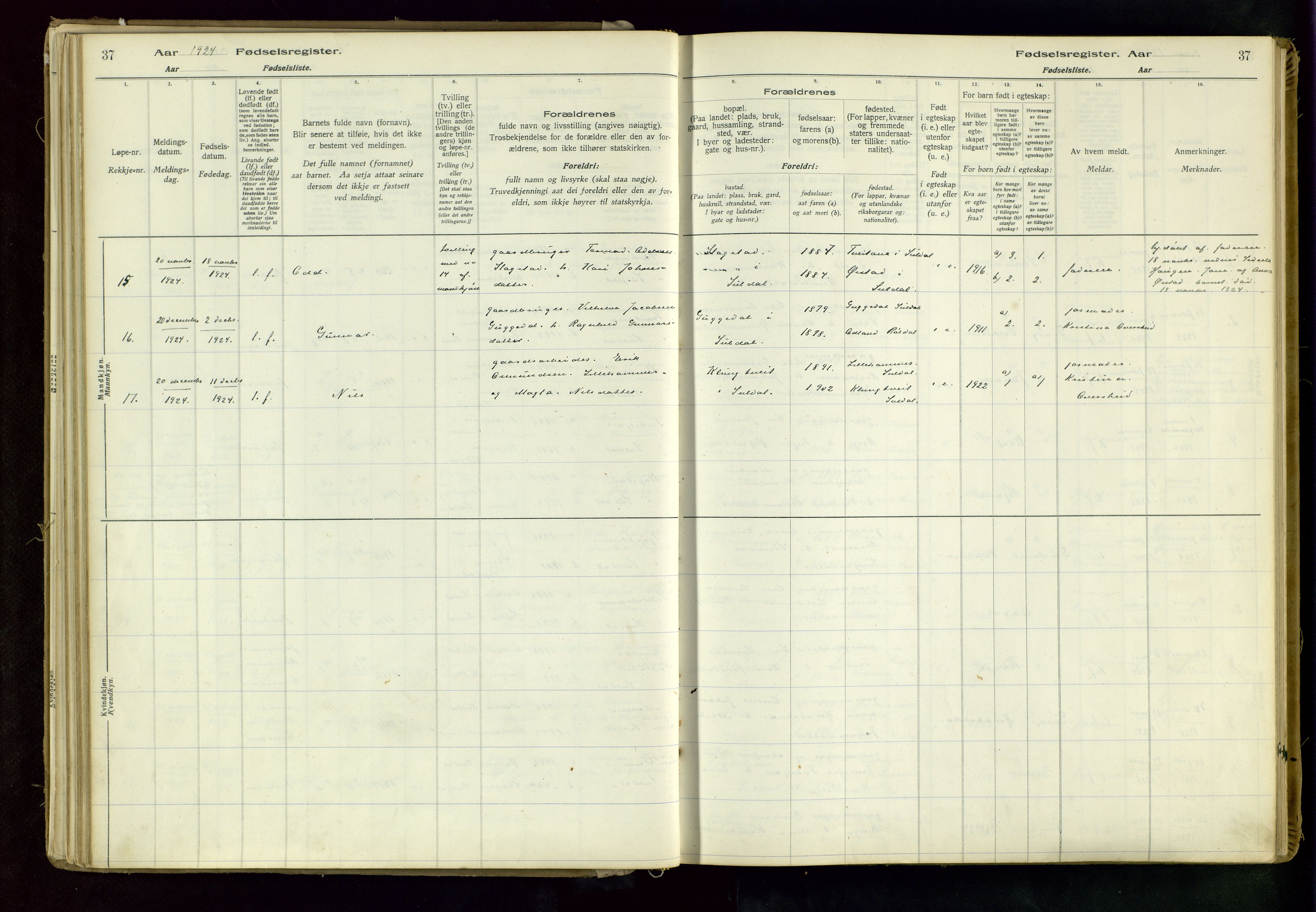 Suldal sokneprestkontor, AV/SAST-A-101845/03/A/L0002: Birth register no. 2, 1916-1982, p. 37