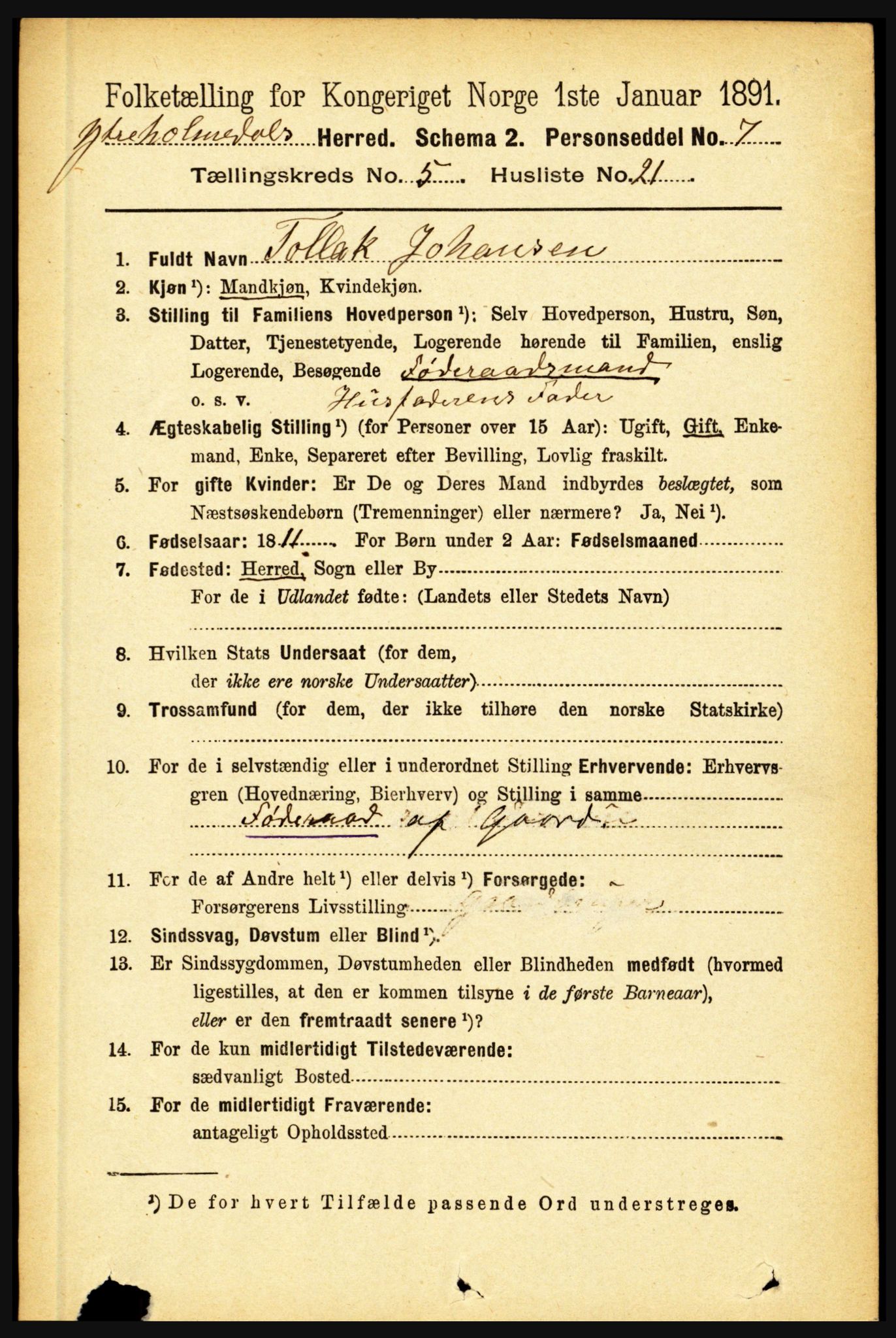 RA, 1891 census for 1429 Ytre Holmedal, 1891, p. 1284