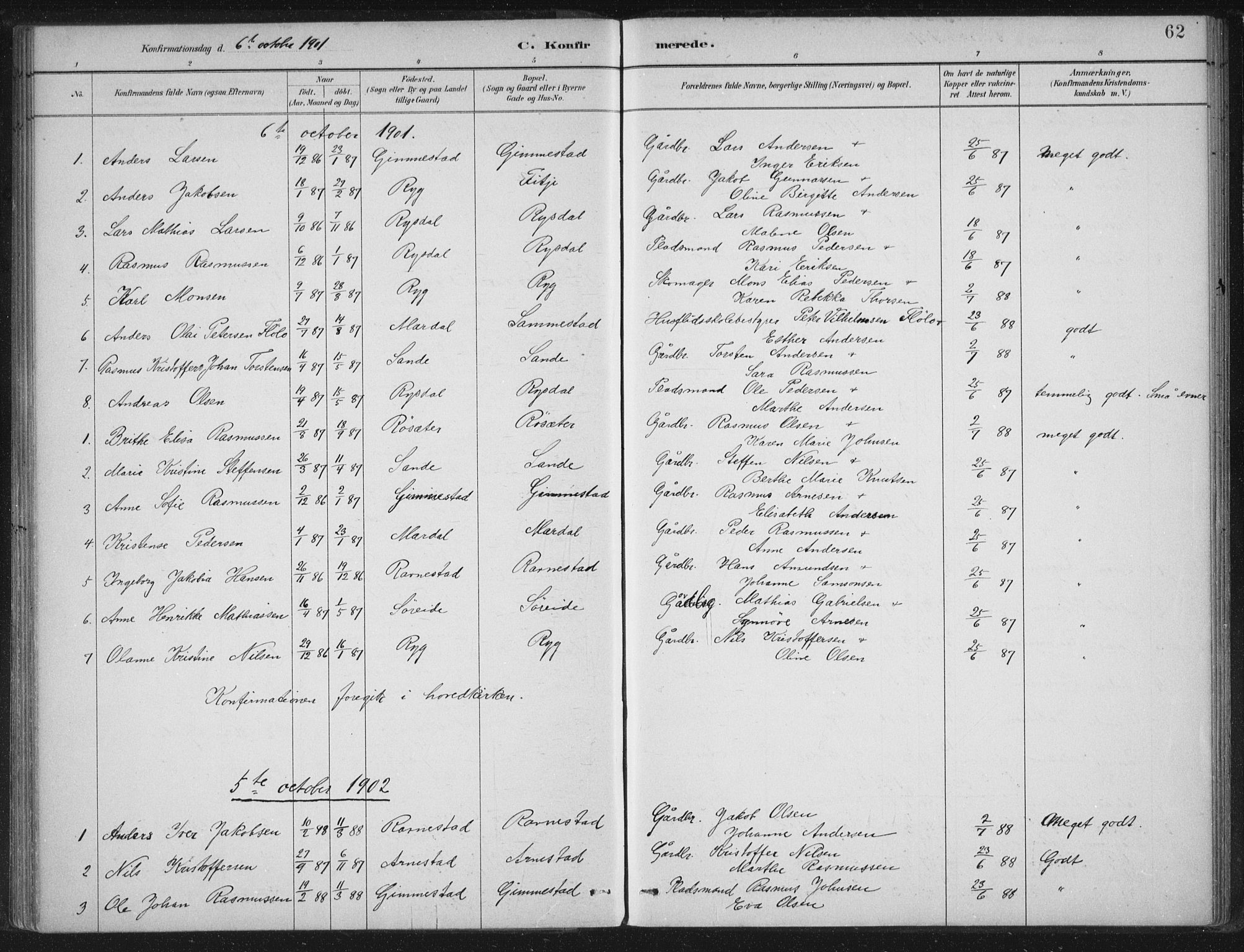 Gloppen sokneprestembete, SAB/A-80101/H/Haa/Haad/L0001: Parish register (official) no. D  1, 1885-1910, p. 62