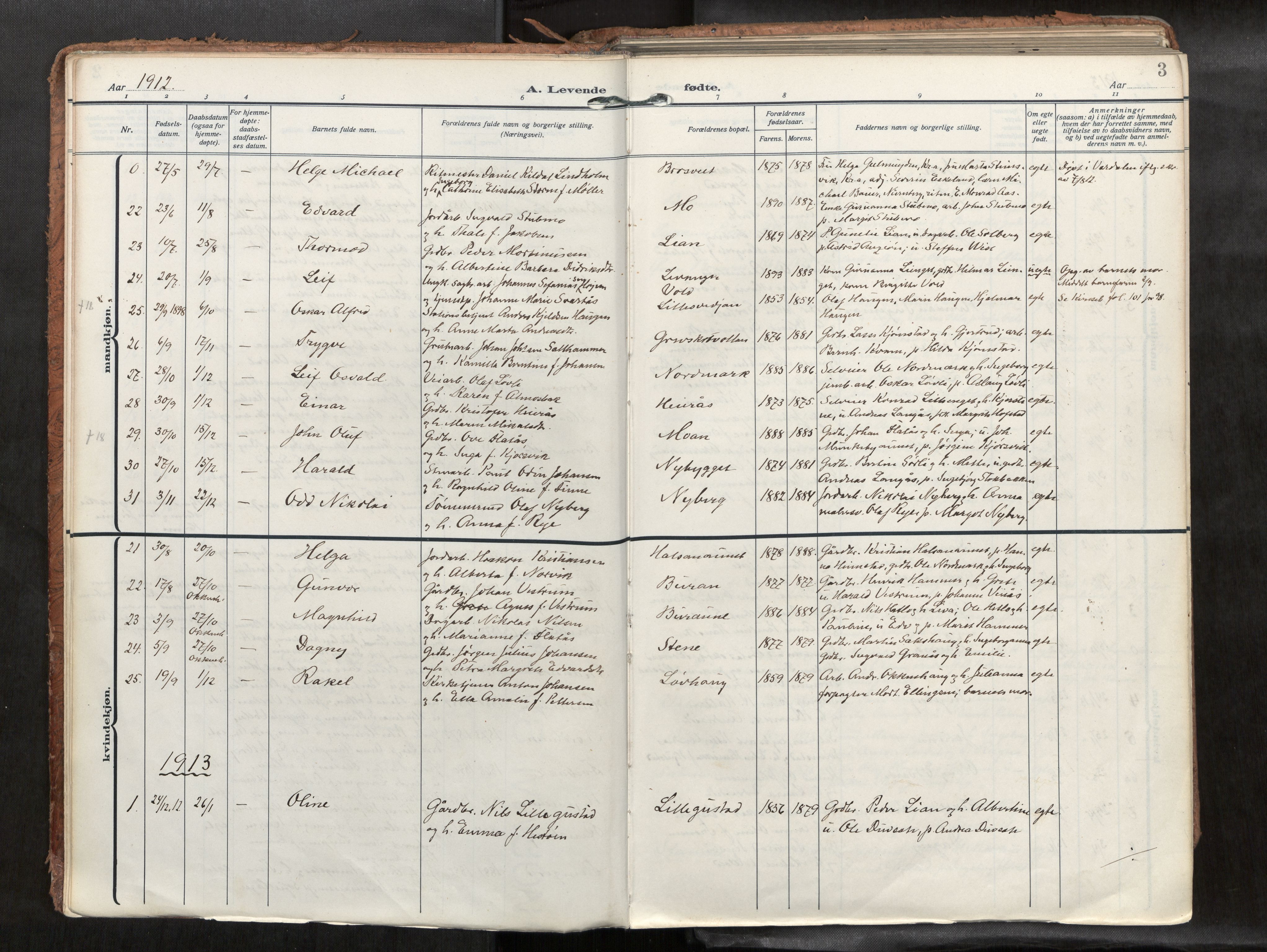 Levanger sokneprestkontor, SAT/A-1301/2/H/Haa/L0002: Parish register (official) no. 2, 1912-1935, p. 3