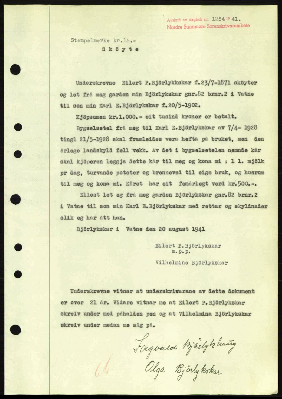 Nordre Sunnmøre sorenskriveri, AV/SAT-A-0006/1/2/2C/2Ca: Mortgage book no. A11, 1941-1941, Diary no: : 1254/1941