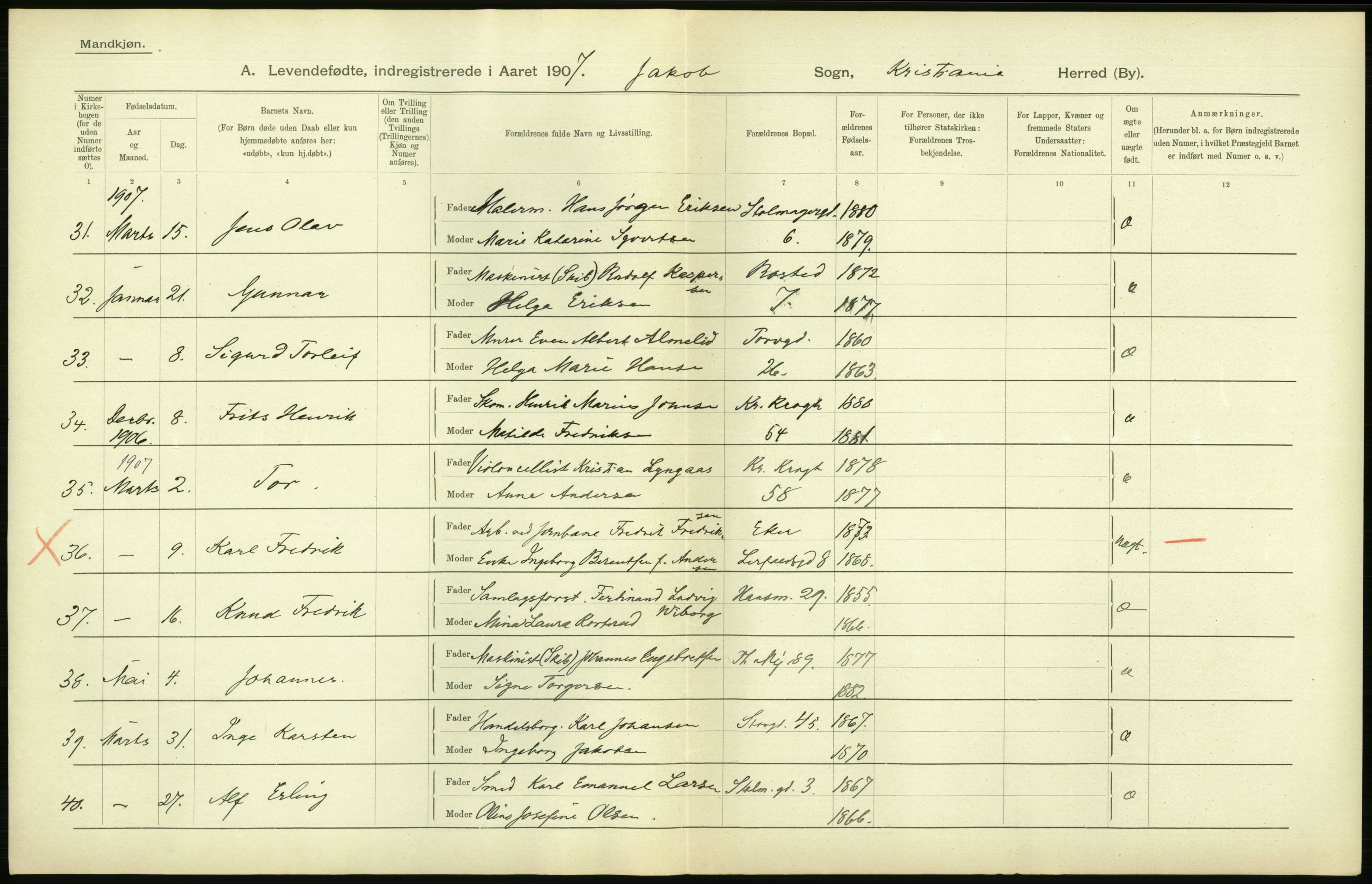 Statistisk sentralbyrå, Sosiodemografiske emner, Befolkning, AV/RA-S-2228/D/Df/Dfa/Dfae/L0007: Kristiania: Levendefødte menn og kvinner., 1907, p. 386