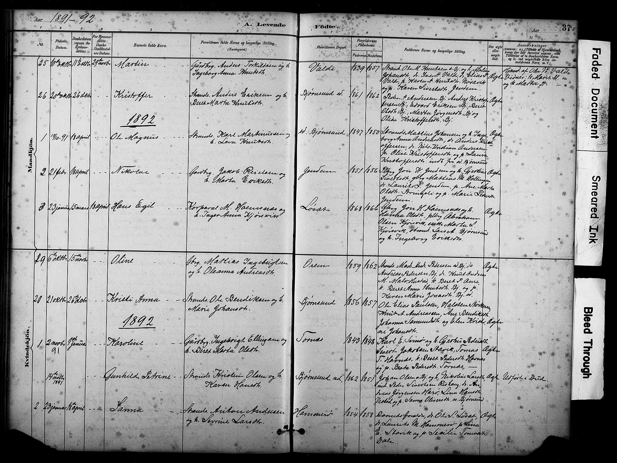 Ministerialprotokoller, klokkerbøker og fødselsregistre - Møre og Romsdal, SAT/A-1454/565/L0755: Parish register (copy) no. 565C04, 1883-1903, p. 37