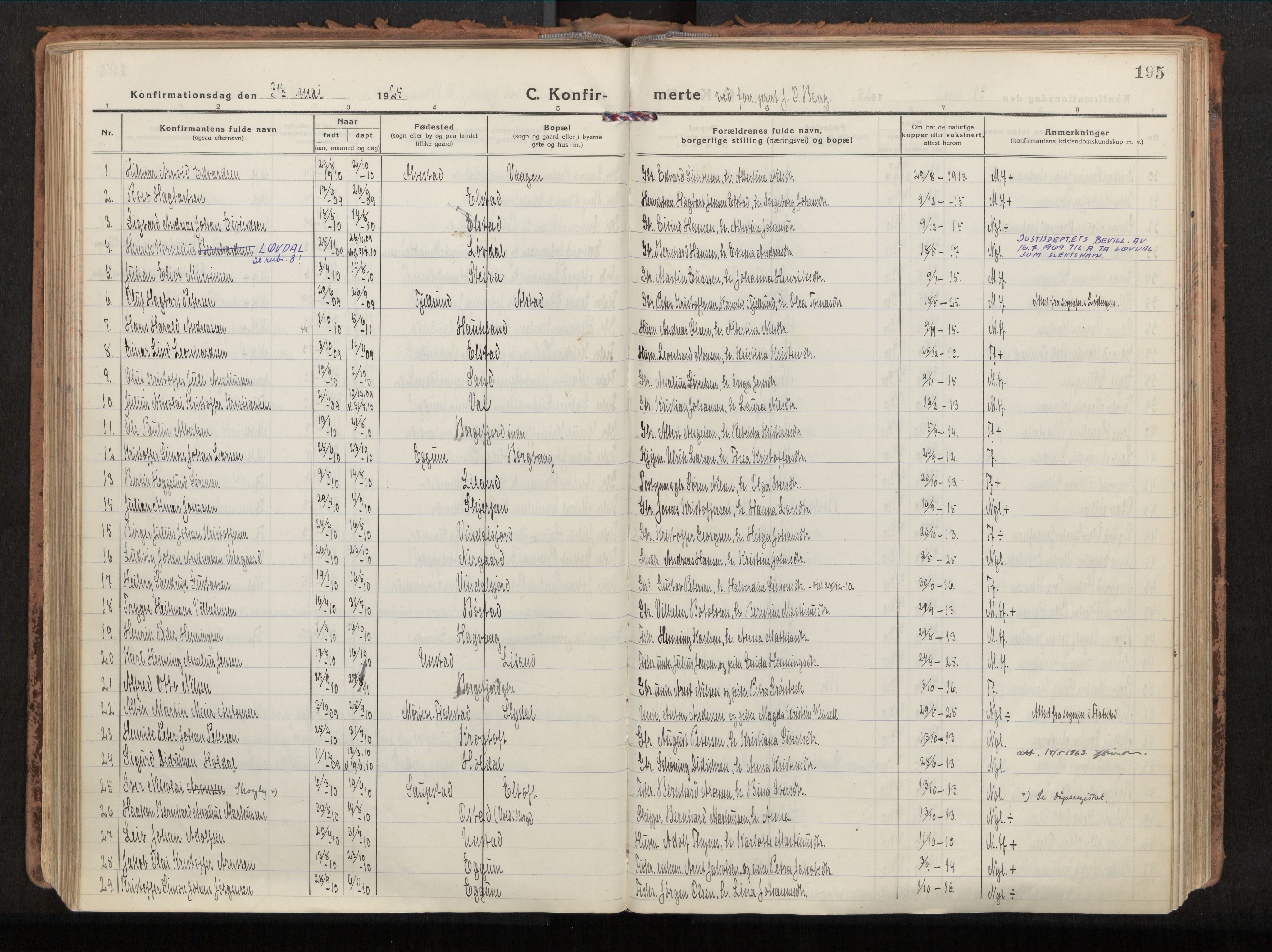 Ministerialprotokoller, klokkerbøker og fødselsregistre - Nordland, SAT/A-1459/880/L1136: Parish register (official) no. 880A10, 1919-1927, p. 195