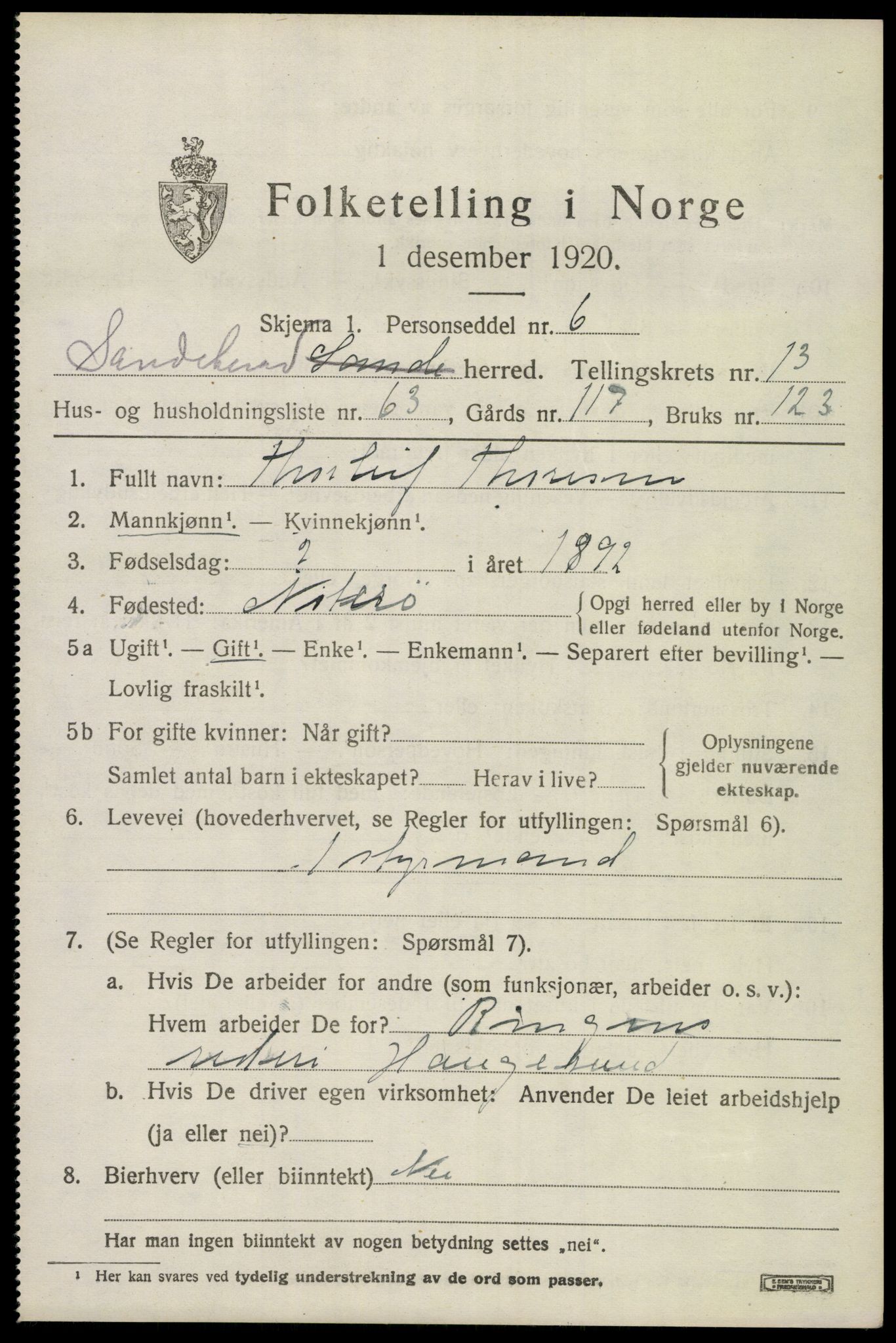 SAKO, 1920 census for Sandeherred, 1920, p. 20168