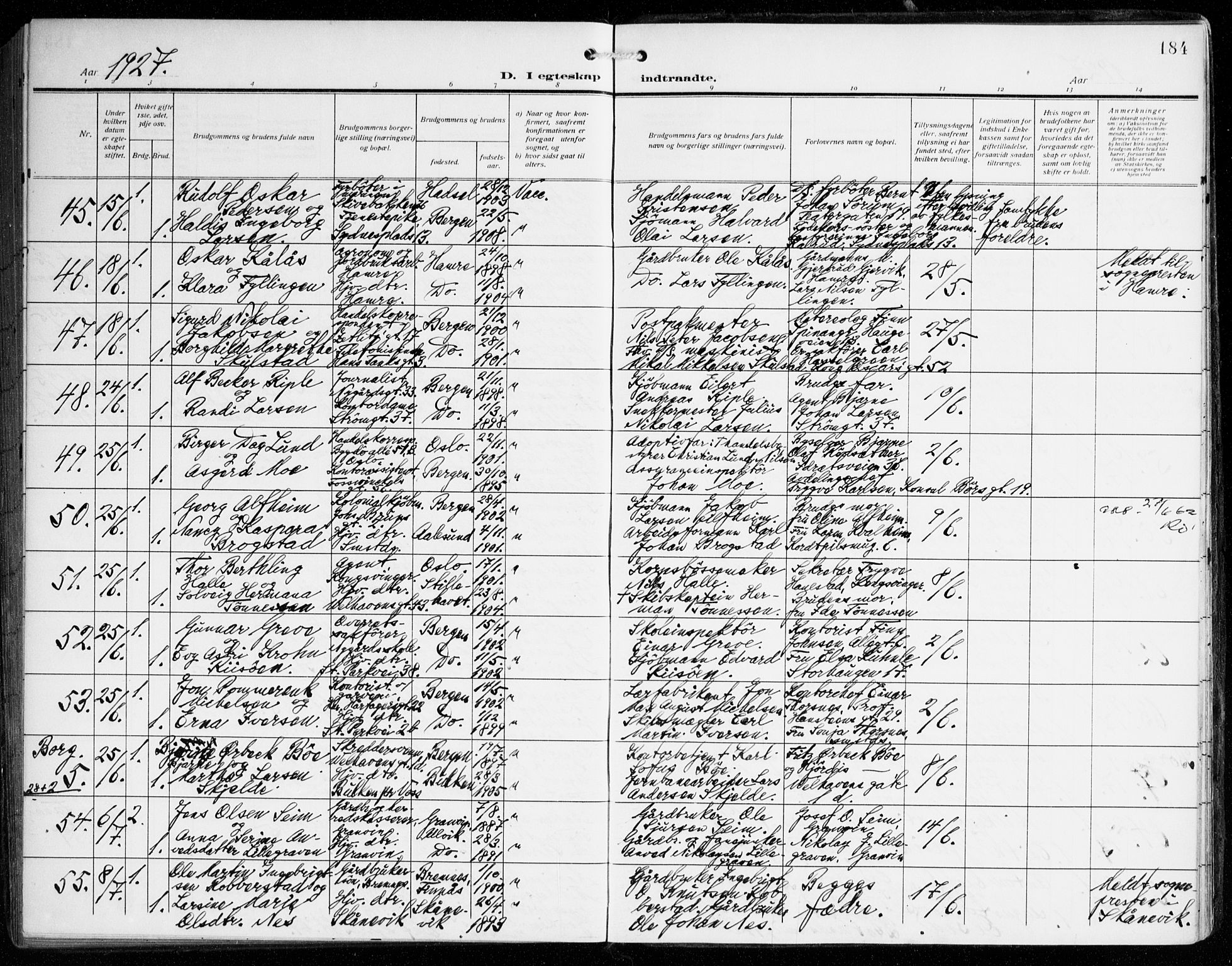 Johanneskirken sokneprestembete, AV/SAB-A-76001/H/Haa/L0013: Parish register (official) no. D 2, 1912-1929, p. 184