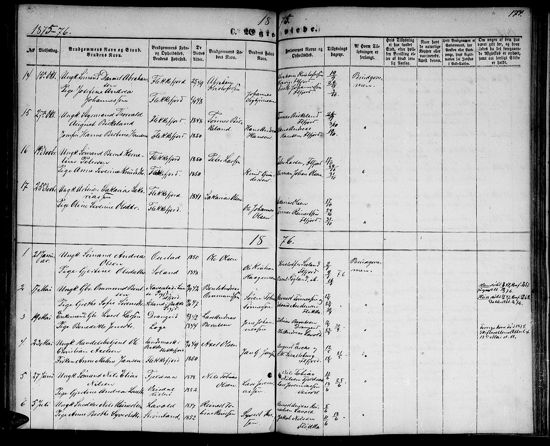 Flekkefjord sokneprestkontor, AV/SAK-1111-0012/F/Fb/Fbc/L0006: Parish register (copy) no. B 6, 1866-1879, p. 174