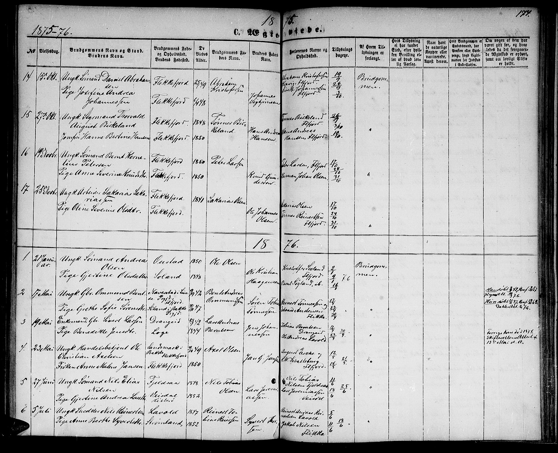 Flekkefjord sokneprestkontor, SAK/1111-0012/F/Fb/Fbc/L0006: Parish register (copy) no. B 6, 1866-1879, p. 174