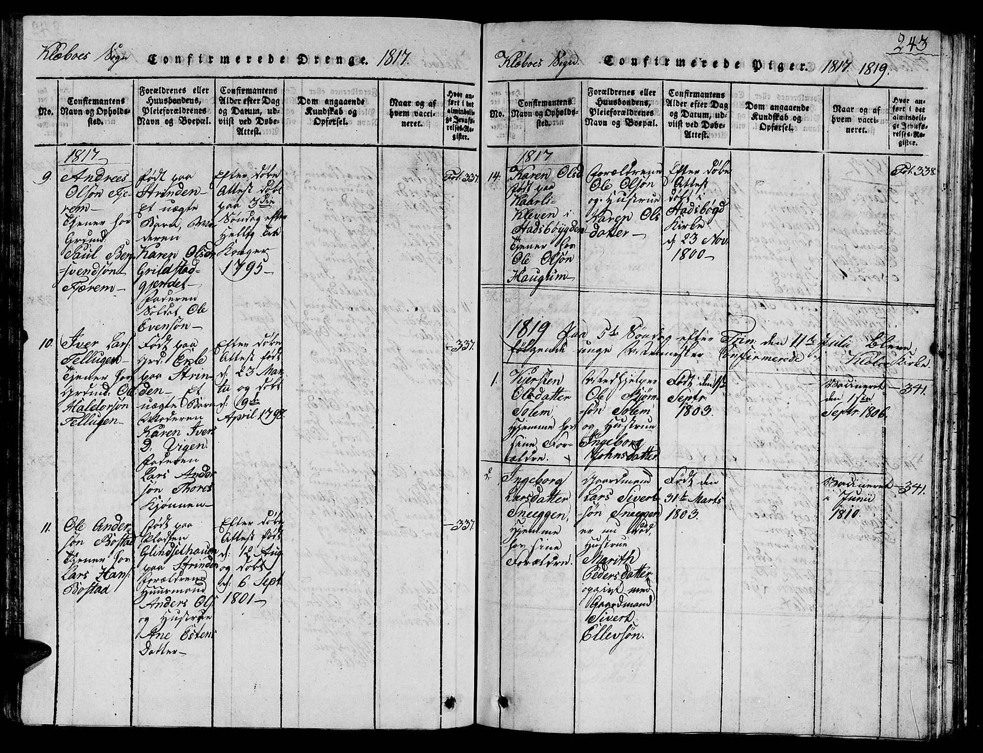 Ministerialprotokoller, klokkerbøker og fødselsregistre - Sør-Trøndelag, SAT/A-1456/618/L0450: Parish register (copy) no. 618C01, 1816-1865, p. 243
