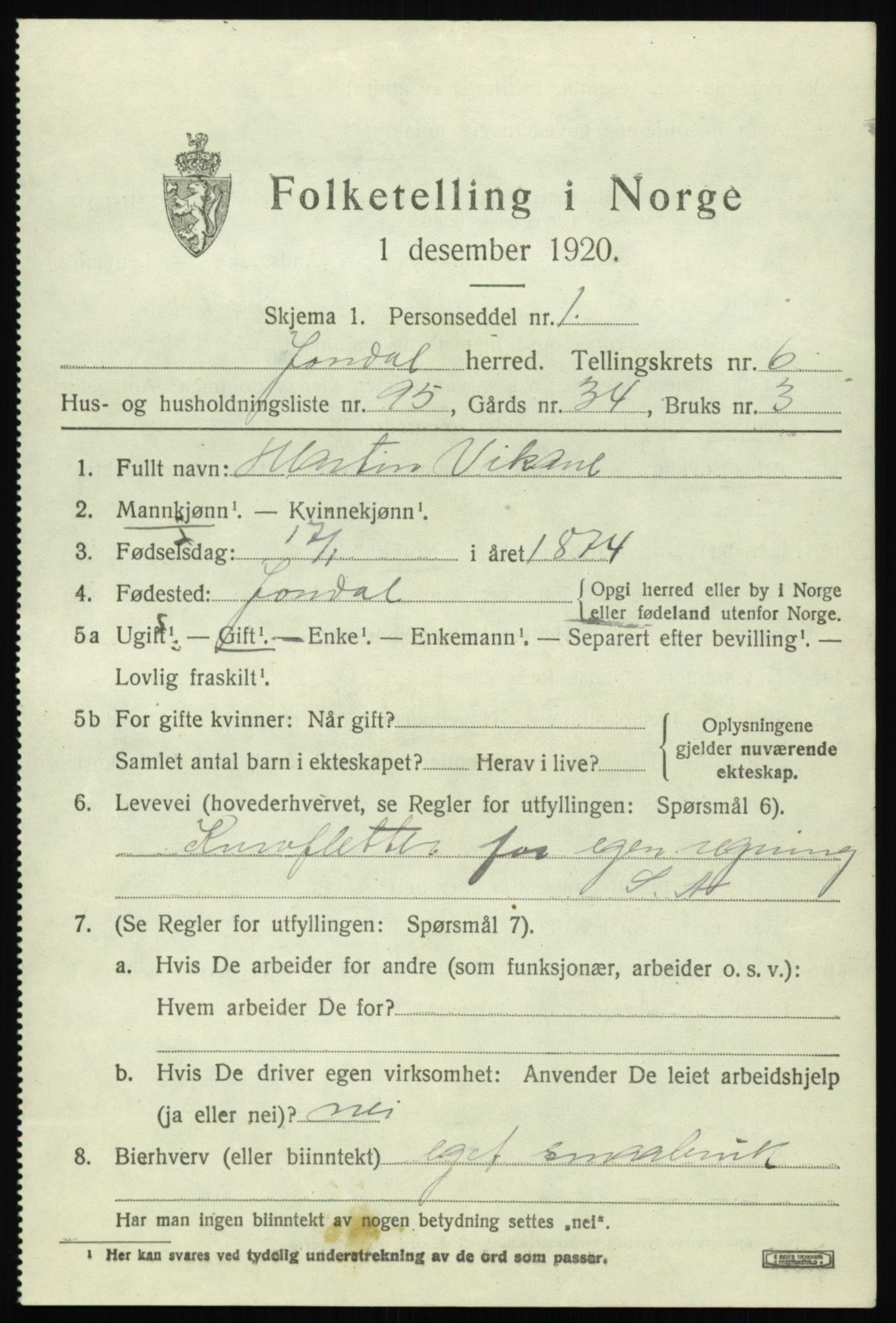 SAB, 1920 census for Jondal, 1920, p. 3750