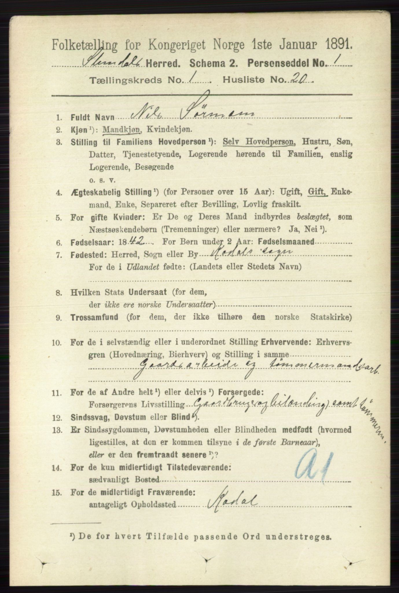 RA, 1891 census for 0811 Slemdal, 1891, p. 170