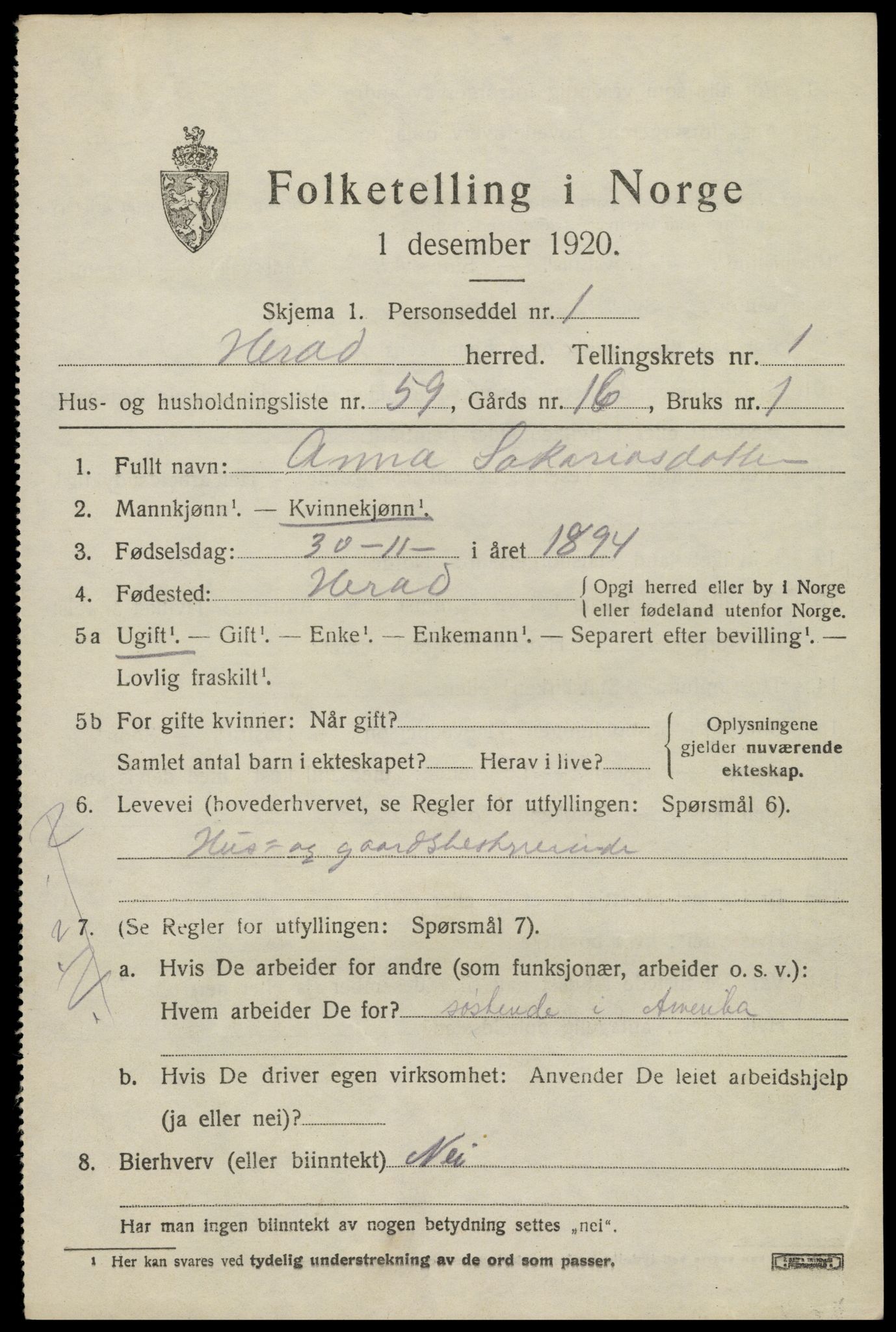 SAK, 1920 census for Herad, 1920, p. 1038