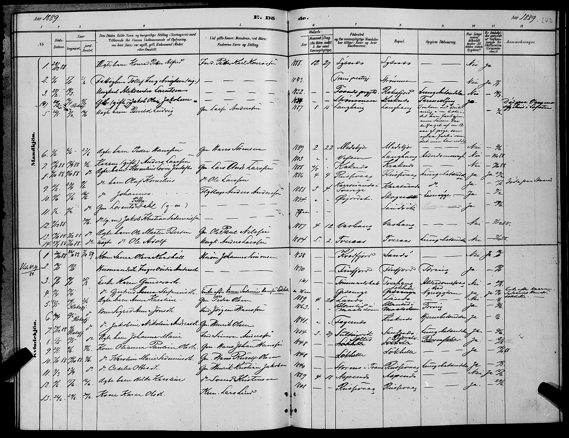Lenvik sokneprestembete, SATØ/S-1310/H/Ha/Hab/L0006klokker: Parish register (copy) no. 6, 1881-1889, p. 242