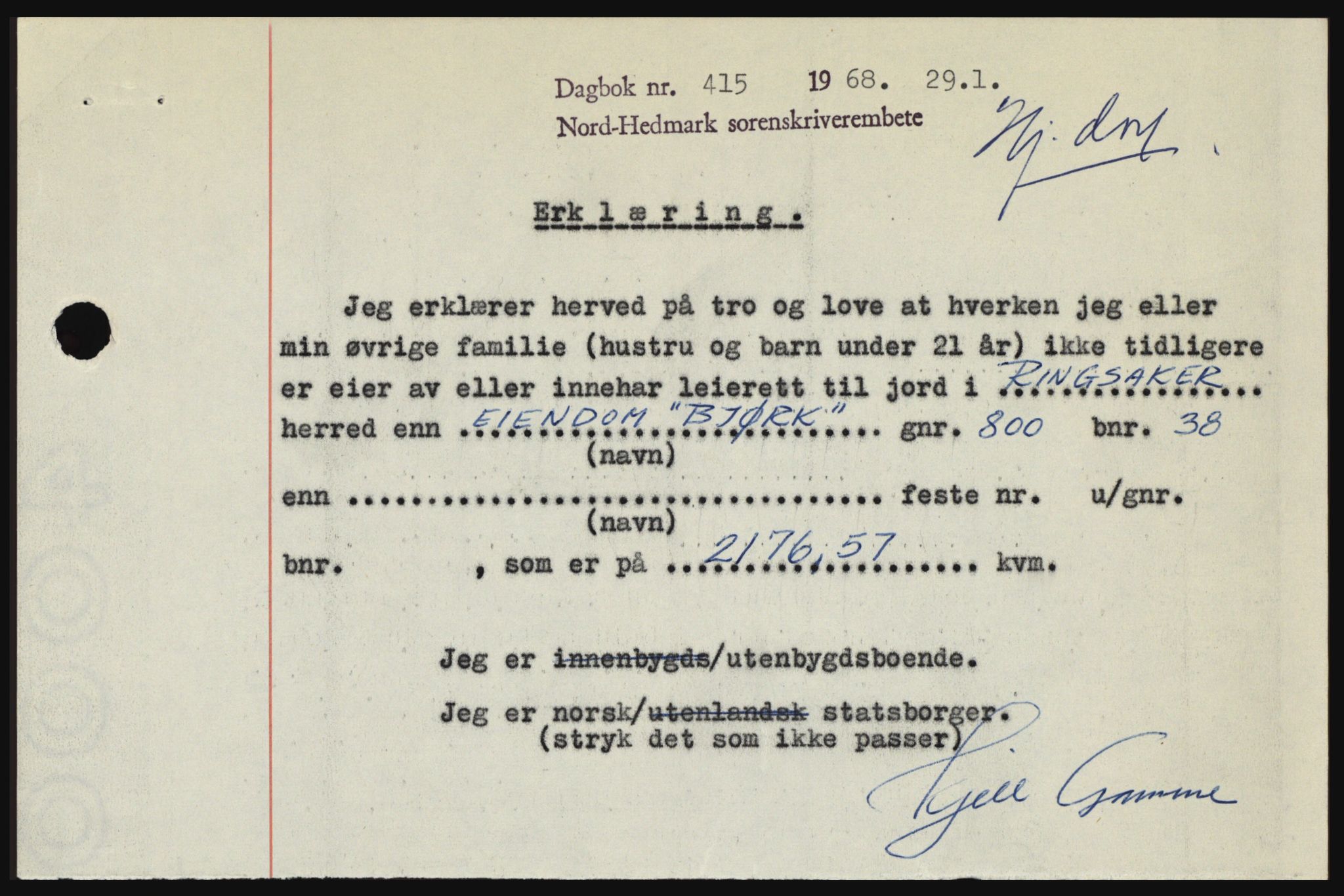 Nord-Hedmark sorenskriveri, SAH/TING-012/H/Hc/L0027: Mortgage book no. 27, 1967-1968, Diary no: : 415/1968