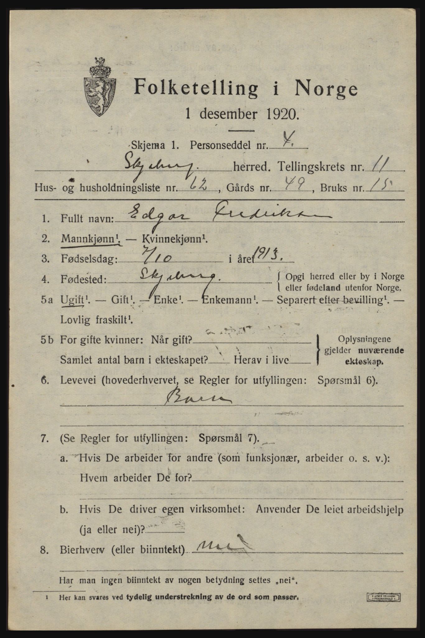 SAO, 1920 census for Skjeberg, 1920, p. 10189