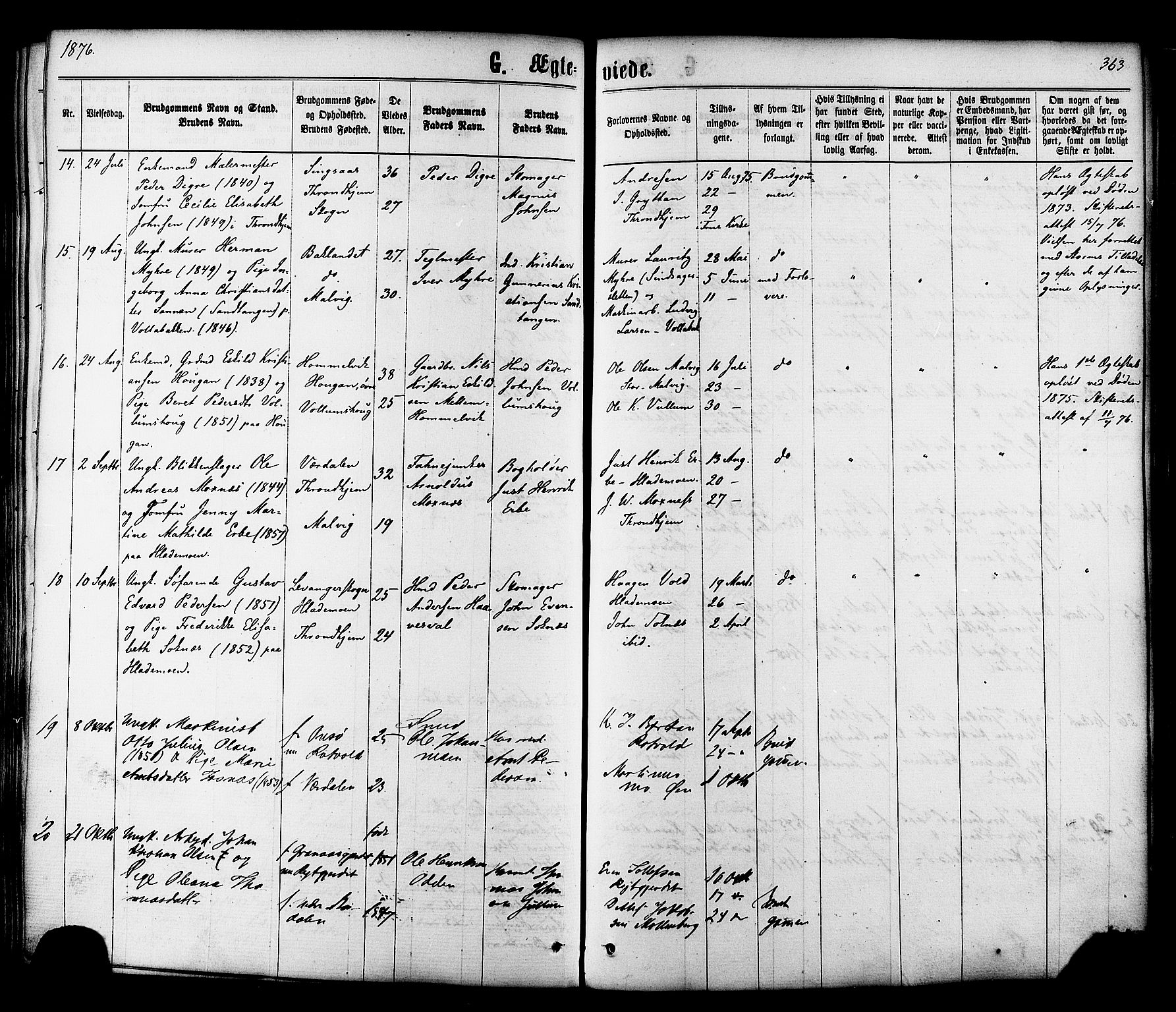 Ministerialprotokoller, klokkerbøker og fødselsregistre - Sør-Trøndelag, SAT/A-1456/606/L0293: Parish register (official) no. 606A08, 1866-1877, p. 363