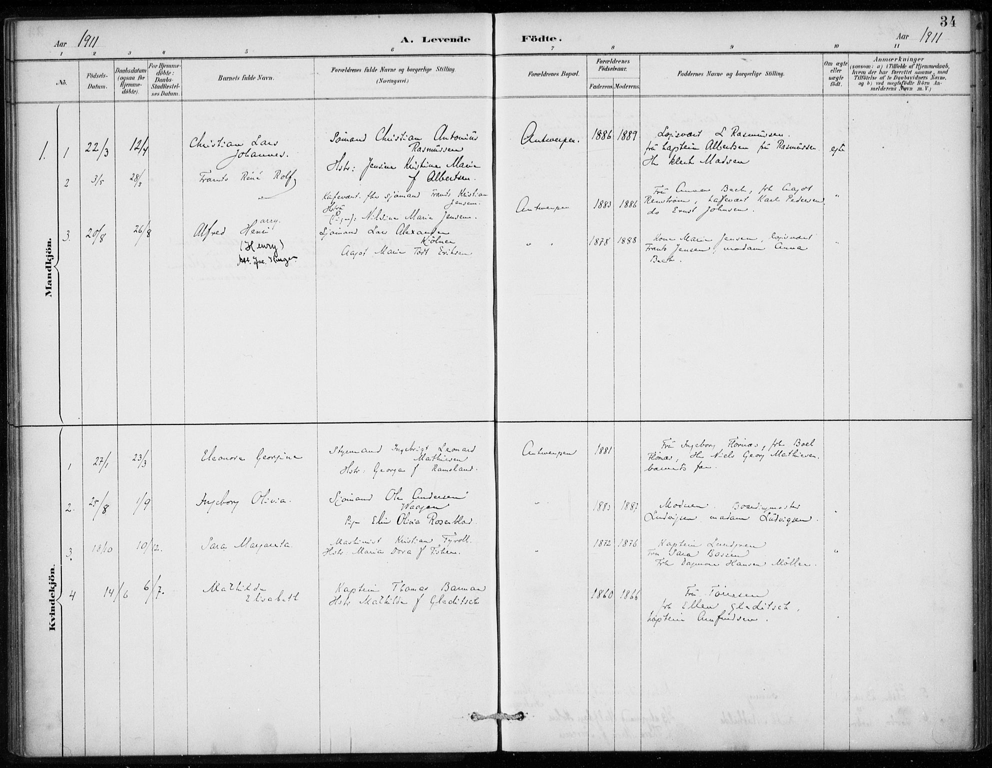 Den norske sjømannsmisjon i utlandet/Antwerpen, SAB/SAB/PA-0105/H/Ha/L0002: Parish register (official) no. A 2, 1887-1913, p. 34