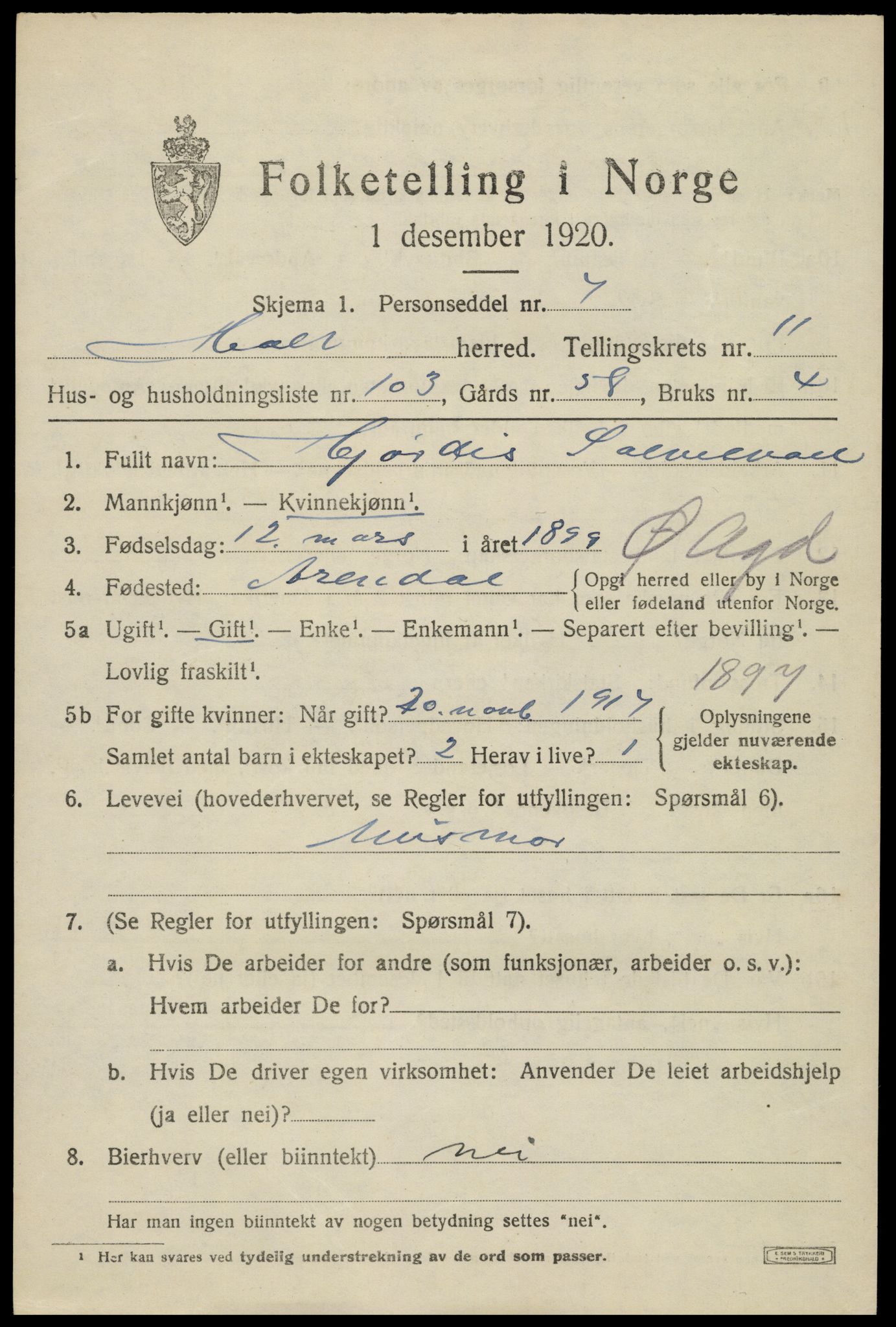 SAK, 1920 census for Holt, 1920, p. 7124