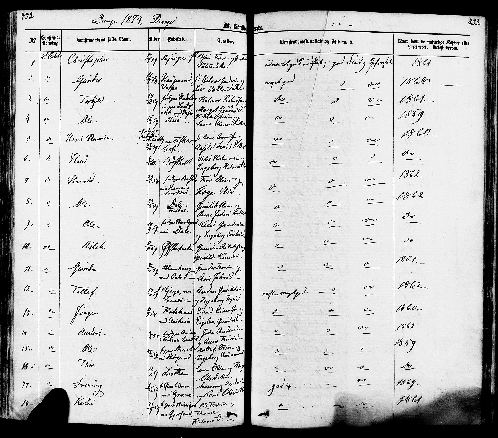 Seljord kirkebøker, SAKO/A-20/F/Fa/L0013: Parish register (official) no. I 13, 1866-1876, p. 432-433