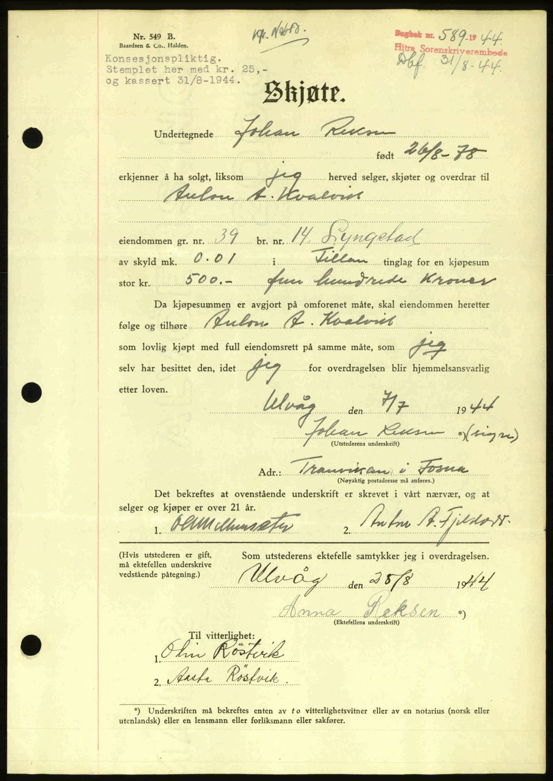 Hitra sorenskriveri, AV/SAT-A-0018/2/2C/2Ca: Mortgage book no. A2, 1943-1945, Diary no: : 589/1944