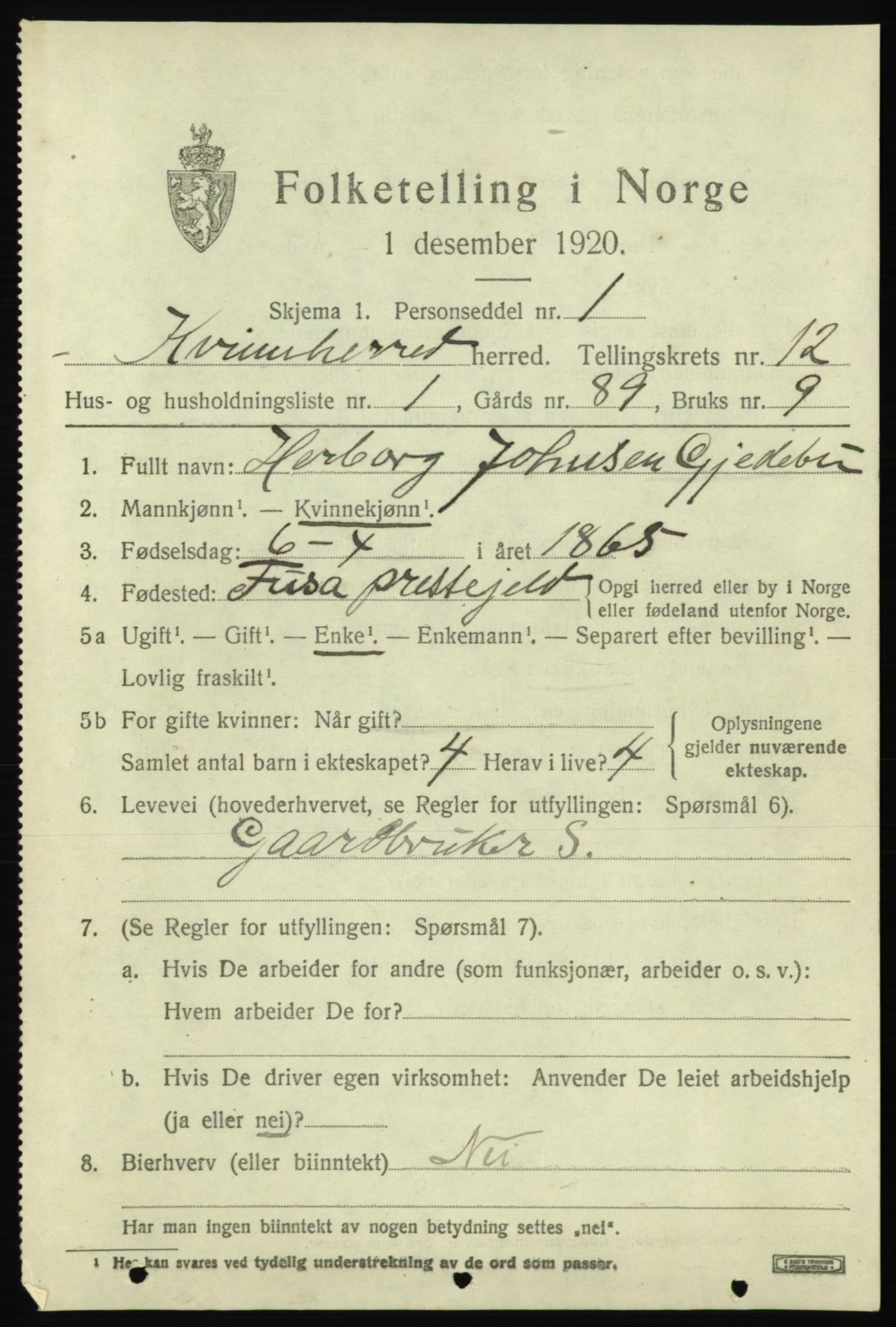 SAB, 1920 census for Kvinnherad, 1920, p. 7302