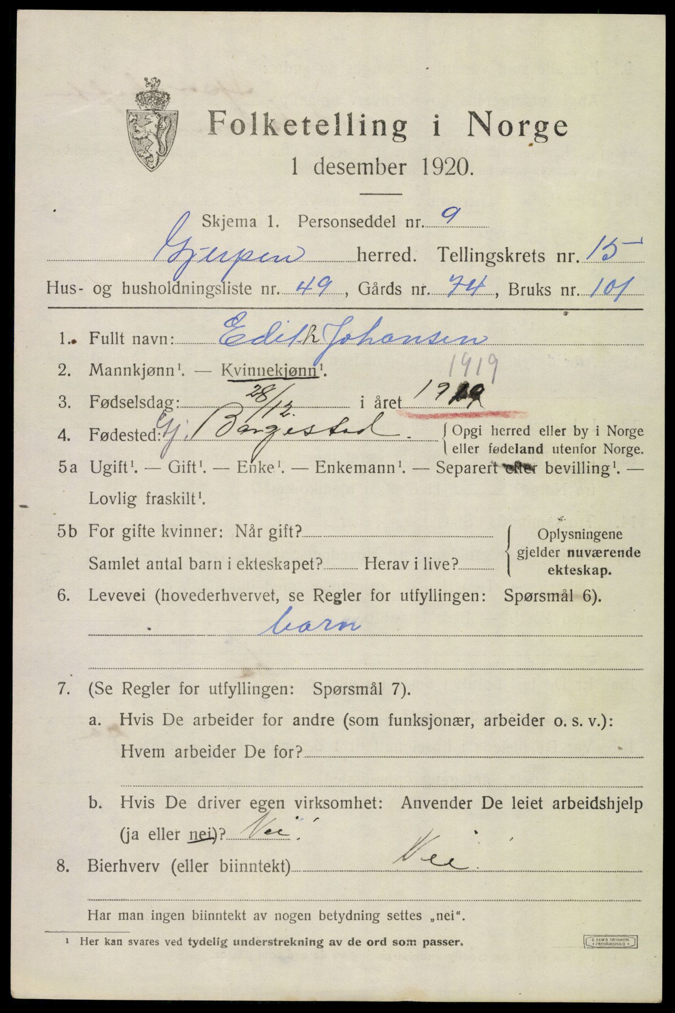 SAKO, 1920 census for Gjerpen, 1920, p. 17850