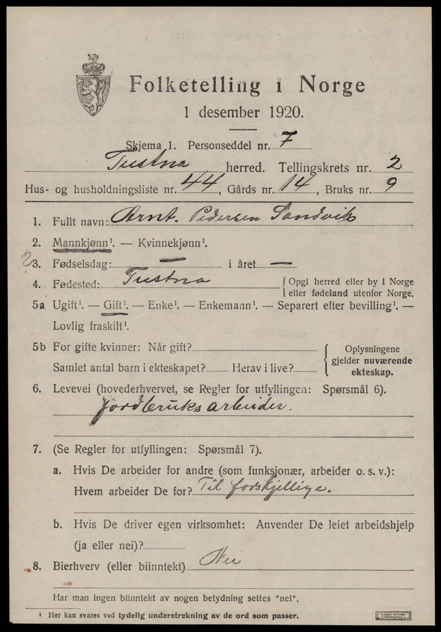 SAT, 1920 census for Tustna, 1920, p. 1445