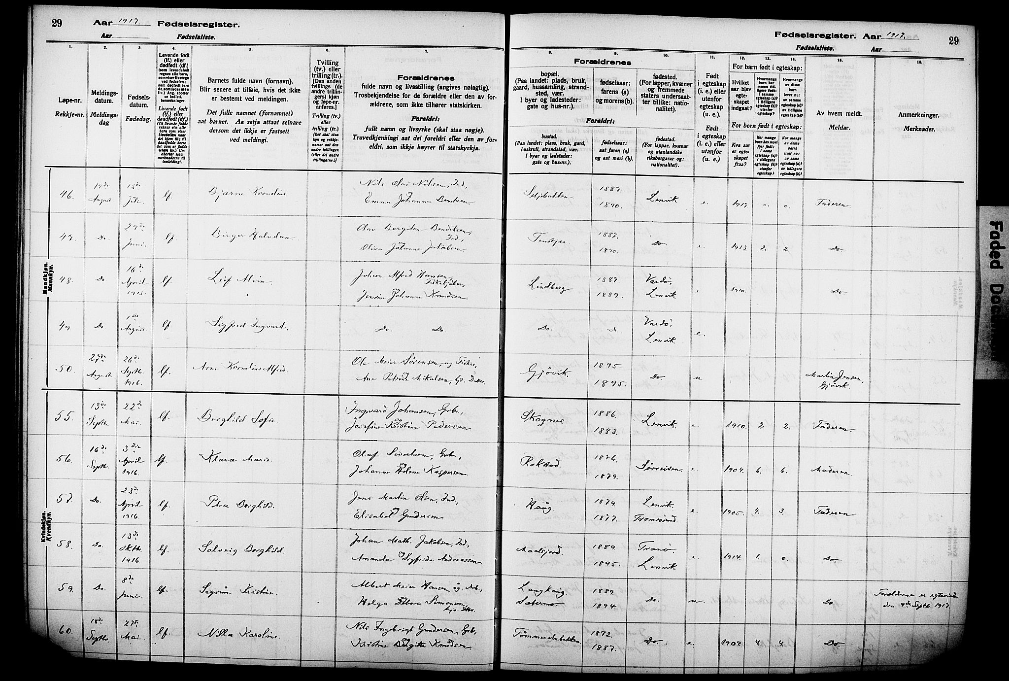 Lenvik sokneprestembete, AV/SATØ-S-1310/I/Ic/L0089: Birth register no. 89, 1916-1926, p. 29