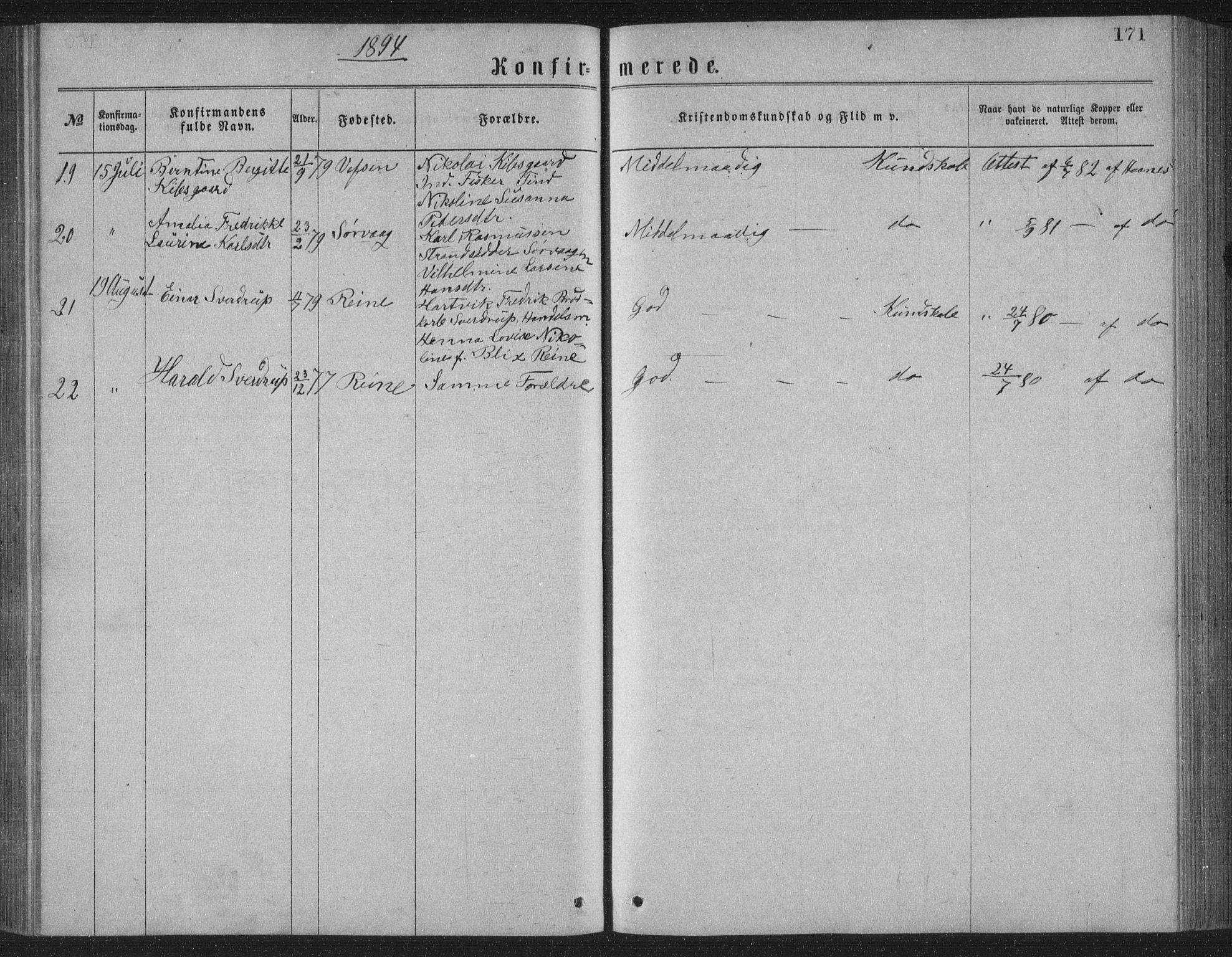 Ministerialprotokoller, klokkerbøker og fødselsregistre - Nordland, AV/SAT-A-1459/886/L1225: Parish register (copy) no. 886C02, 1874-1896, p. 171